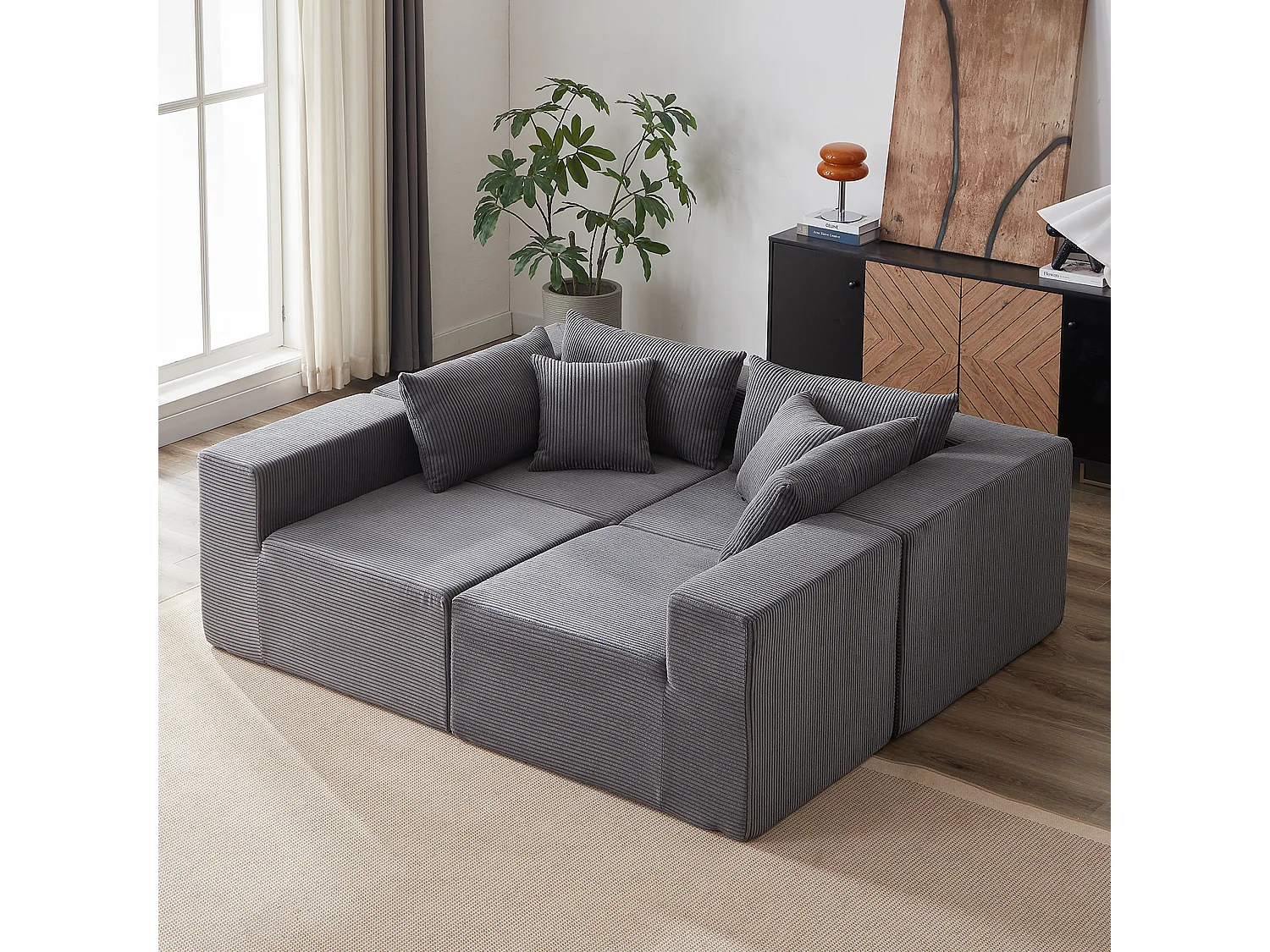 Canapé d'angle modulable 4 places en velours côtelé gris - 4 pièces