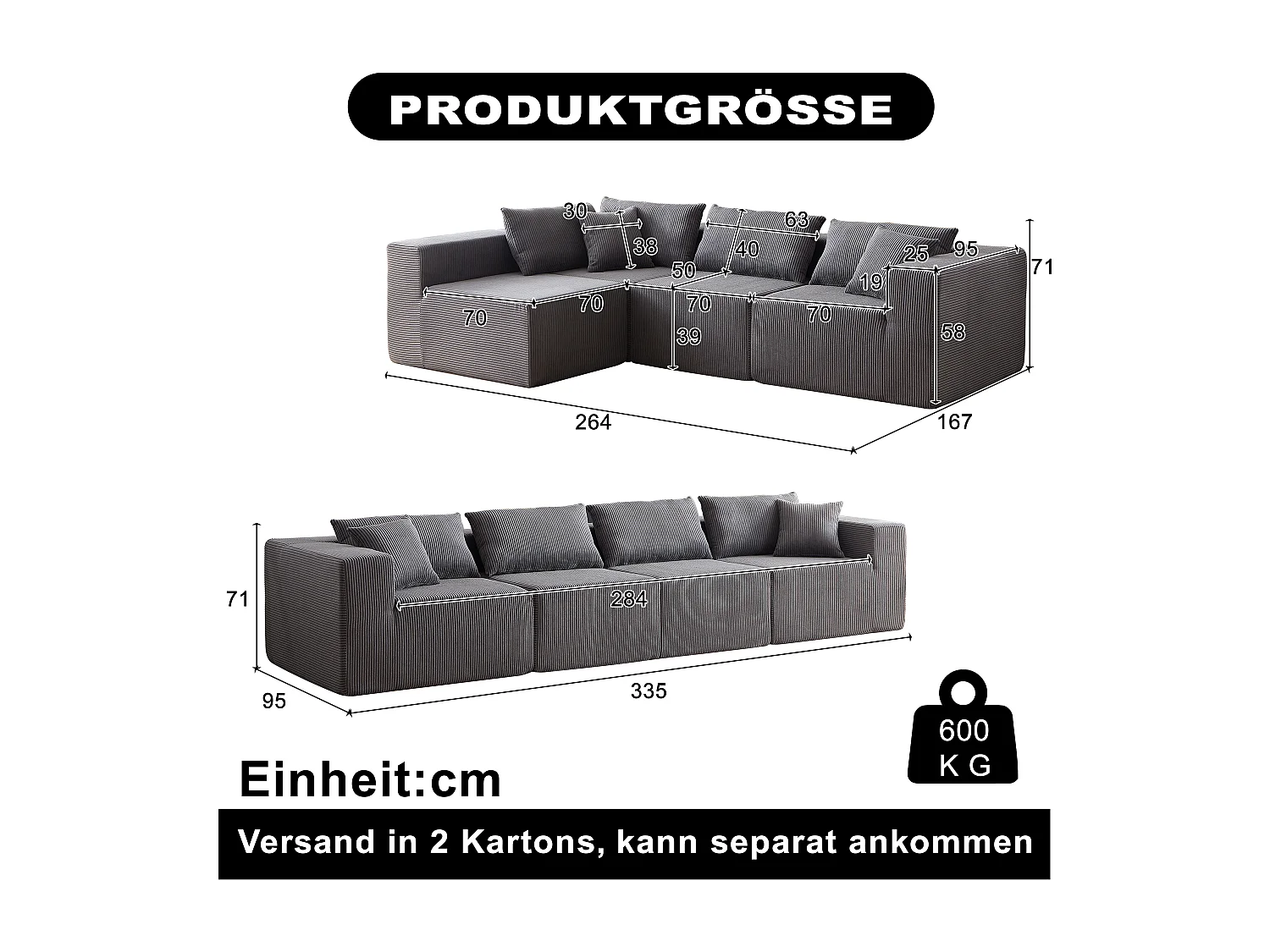 Canapé d'angle modulable 4 places en velours côtelé gris - 4 pièces