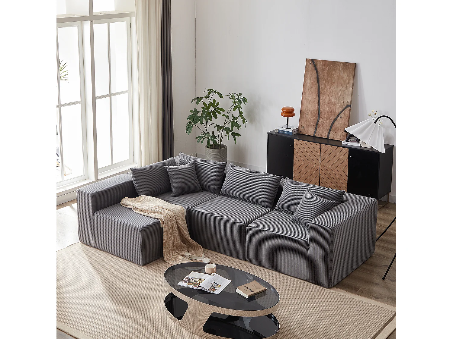 Canapé d'angle modulable 4 places en velours côtelé gris - 4 pièces