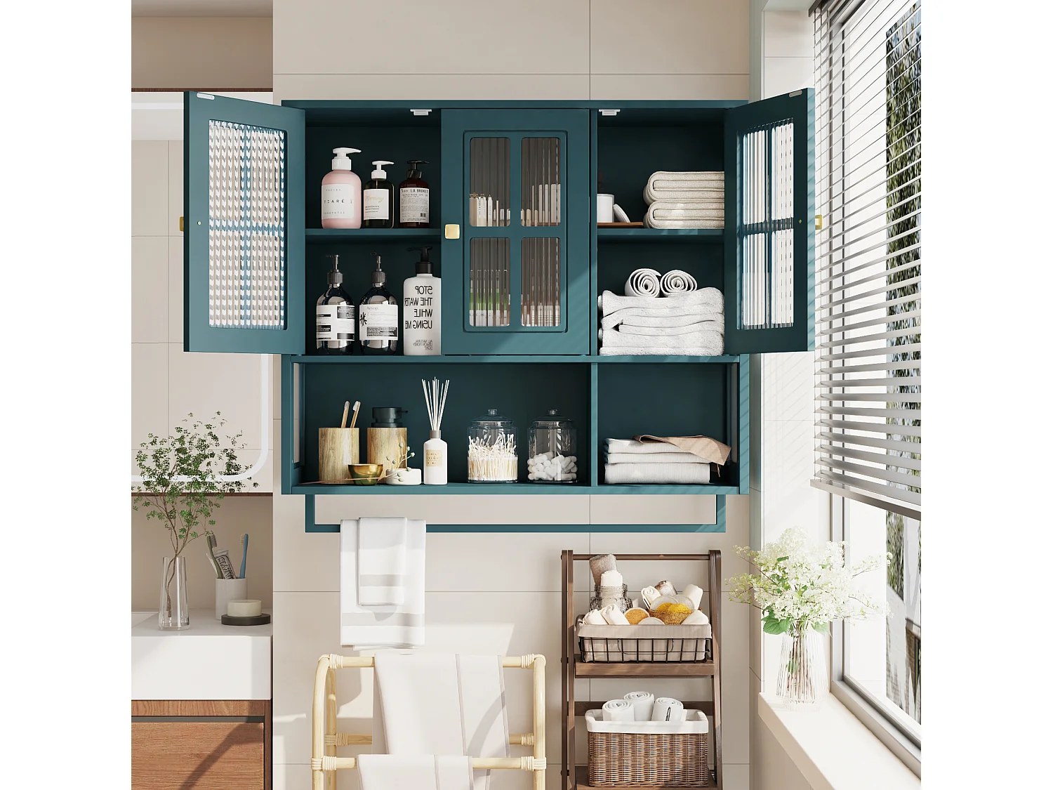 Armoire murale en bois avec 3 portes - Pour entrée, salon, salle de bain, vert foncé