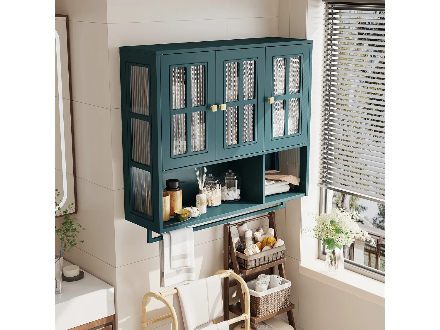 Armoire murale en bois avec 3 portes - Pour entrée, salon, salle de bain, vert foncé