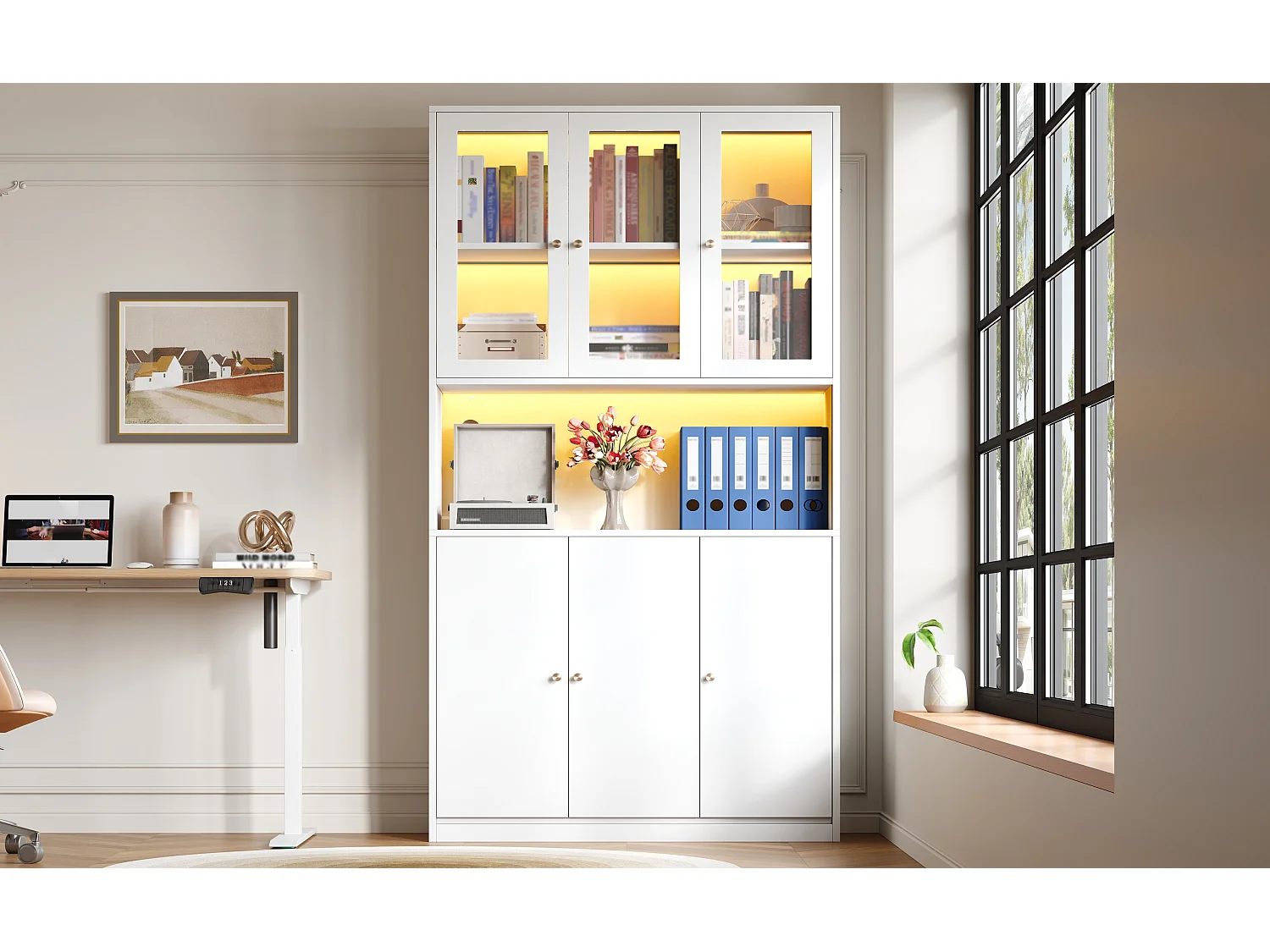 Bibliothèque 100×35×200 cm avec portes vitrées et LED - Vitrine blanc