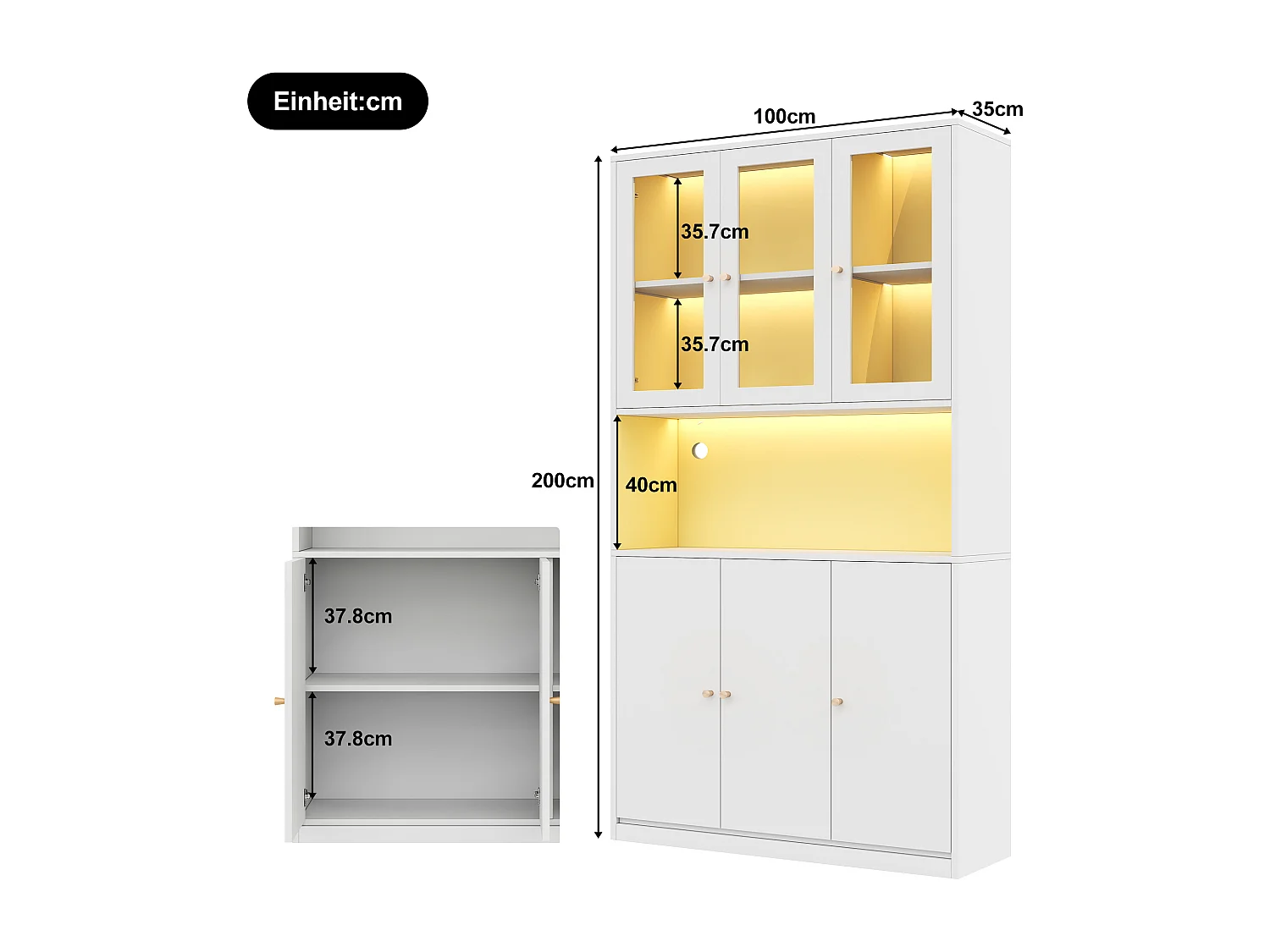 Bibliothèque 100×35×200 cm avec portes vitrées et LED - Vitrine blanc