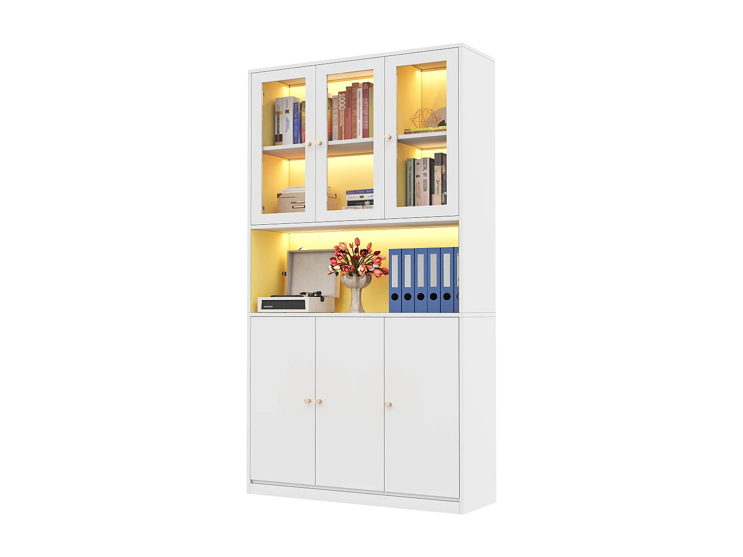 Bibliothèque 100×35×200 cm avec portes vitrées et LED - Vitrine blanc