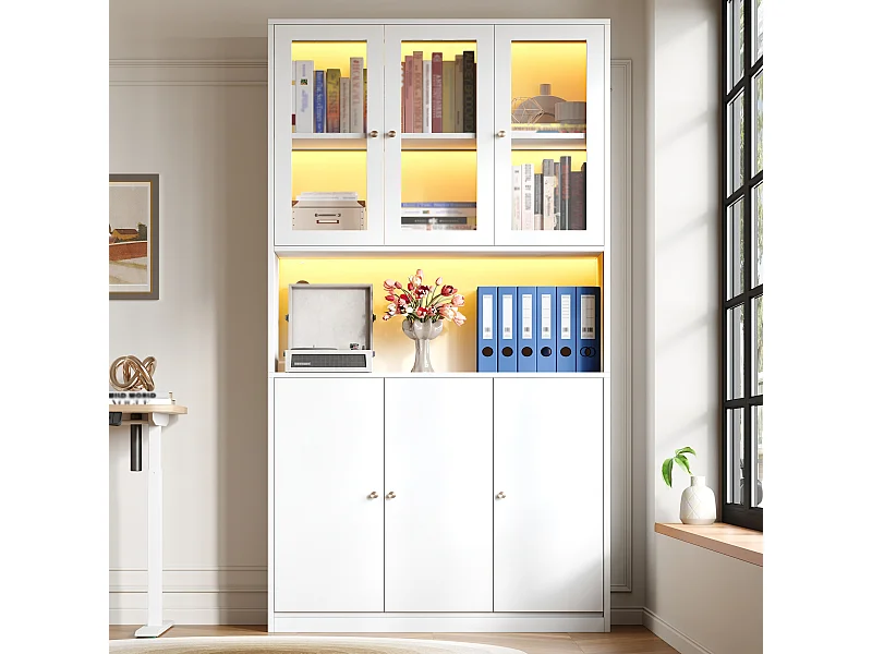 Librería de 100×35×200 cm con puertas de cristal e iluminación LED - Vitrina blanca