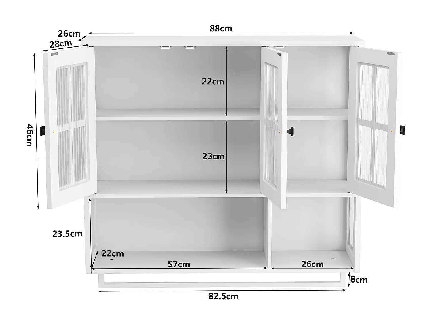 Houten wandkast met 3 deuren - Voor hal, woonkamer, badkamer, wit