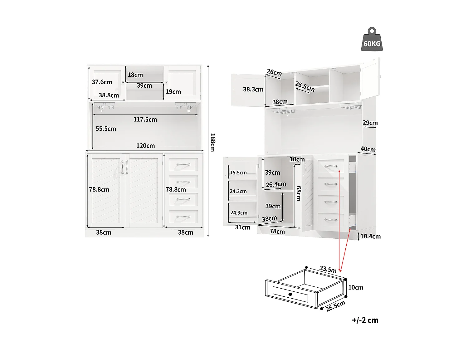 Buffet de cuisine avec LED, 4 portes et 2 tiroirs - Blanc 120x40x188 cm