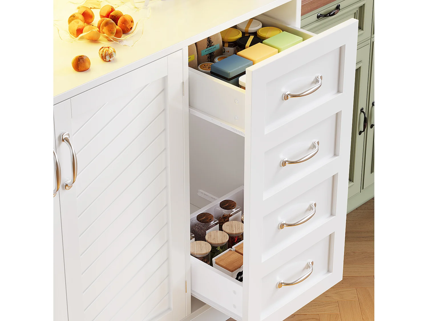 Buffet de cuisine avec LED, 4 portes et 2 tiroirs - Blanc 120x40x188 cm