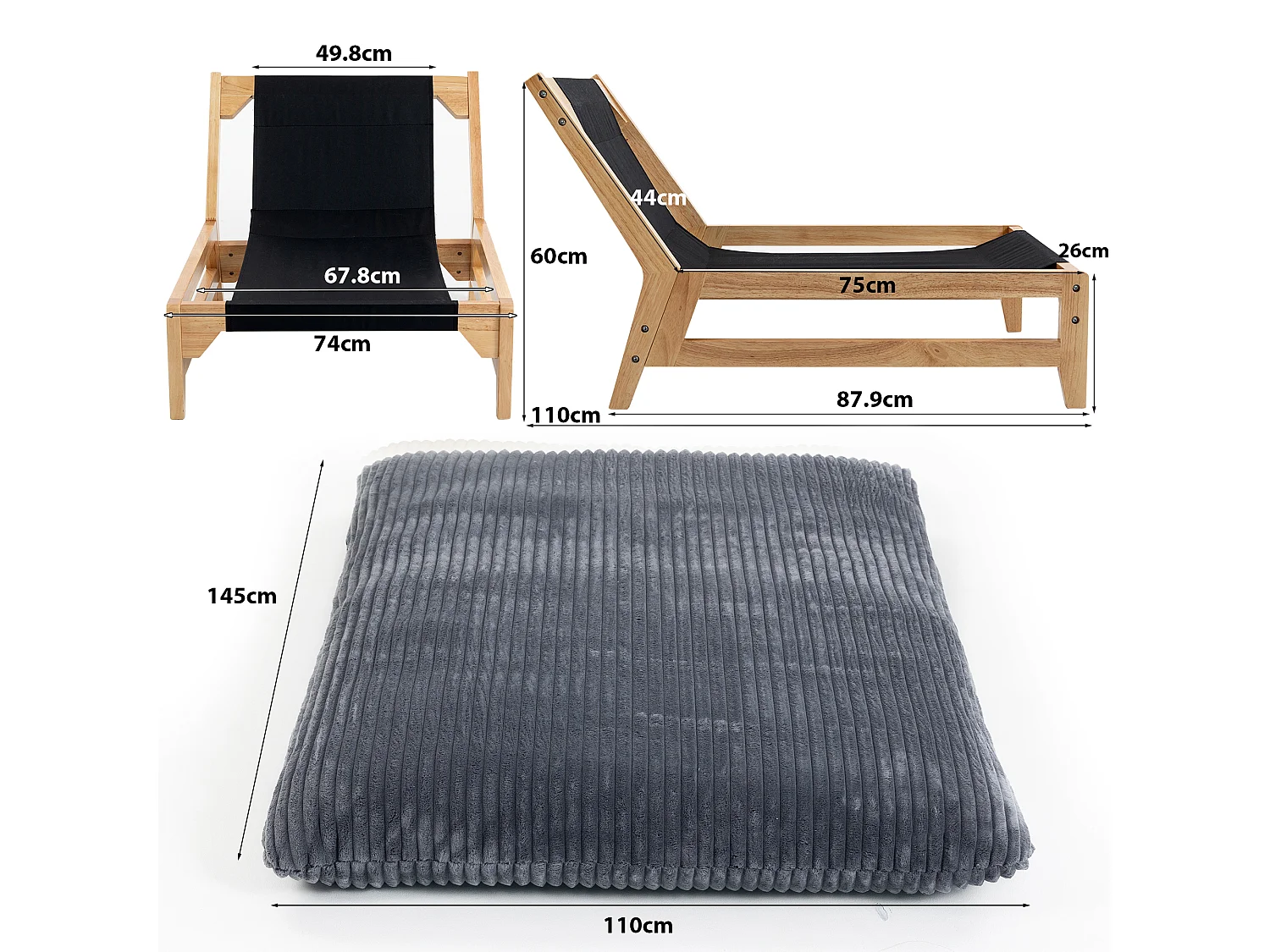 Fauteuil bean bag en tissu velours côtelé gris - sans accoudoirs