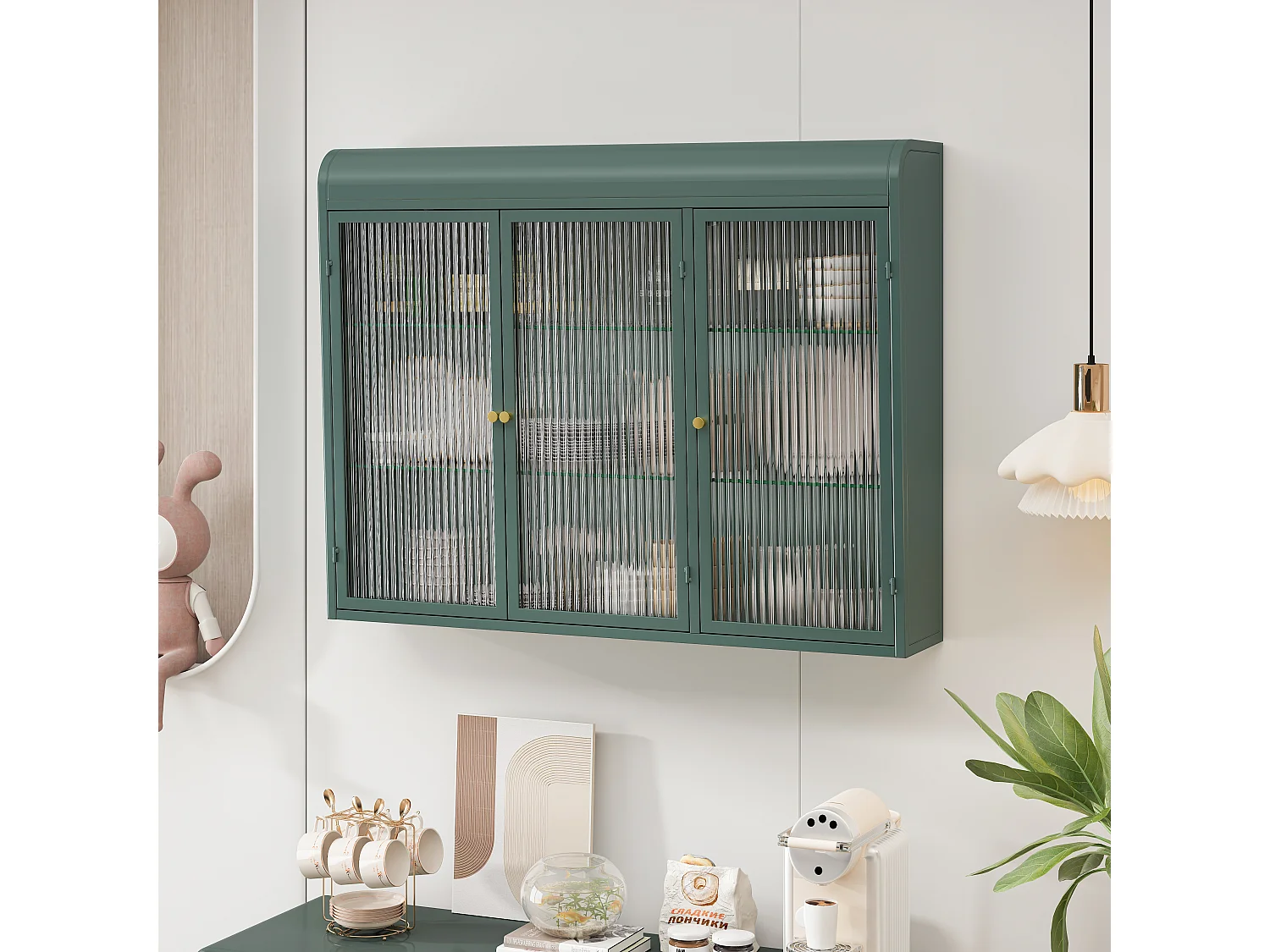 Armoire murale avec 3 portes - Métal + verre, vert foncé