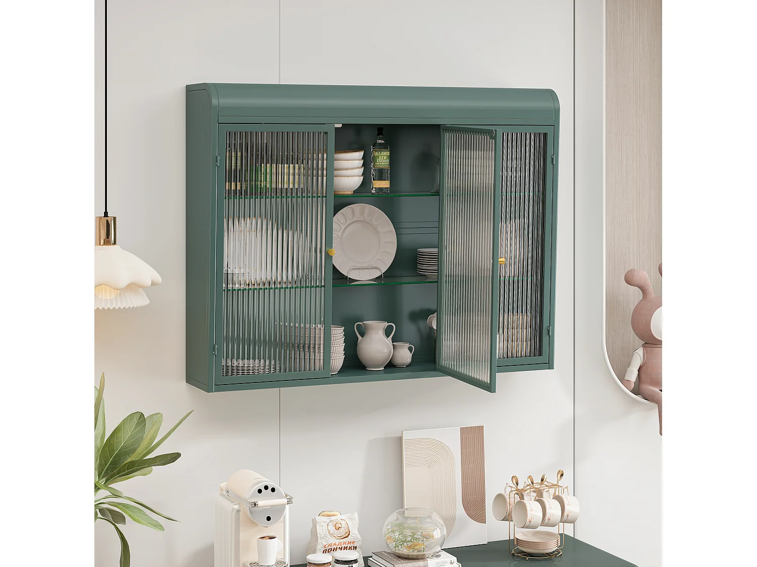 Armoire murale avec 3 portes - Métal + verre, vert foncé