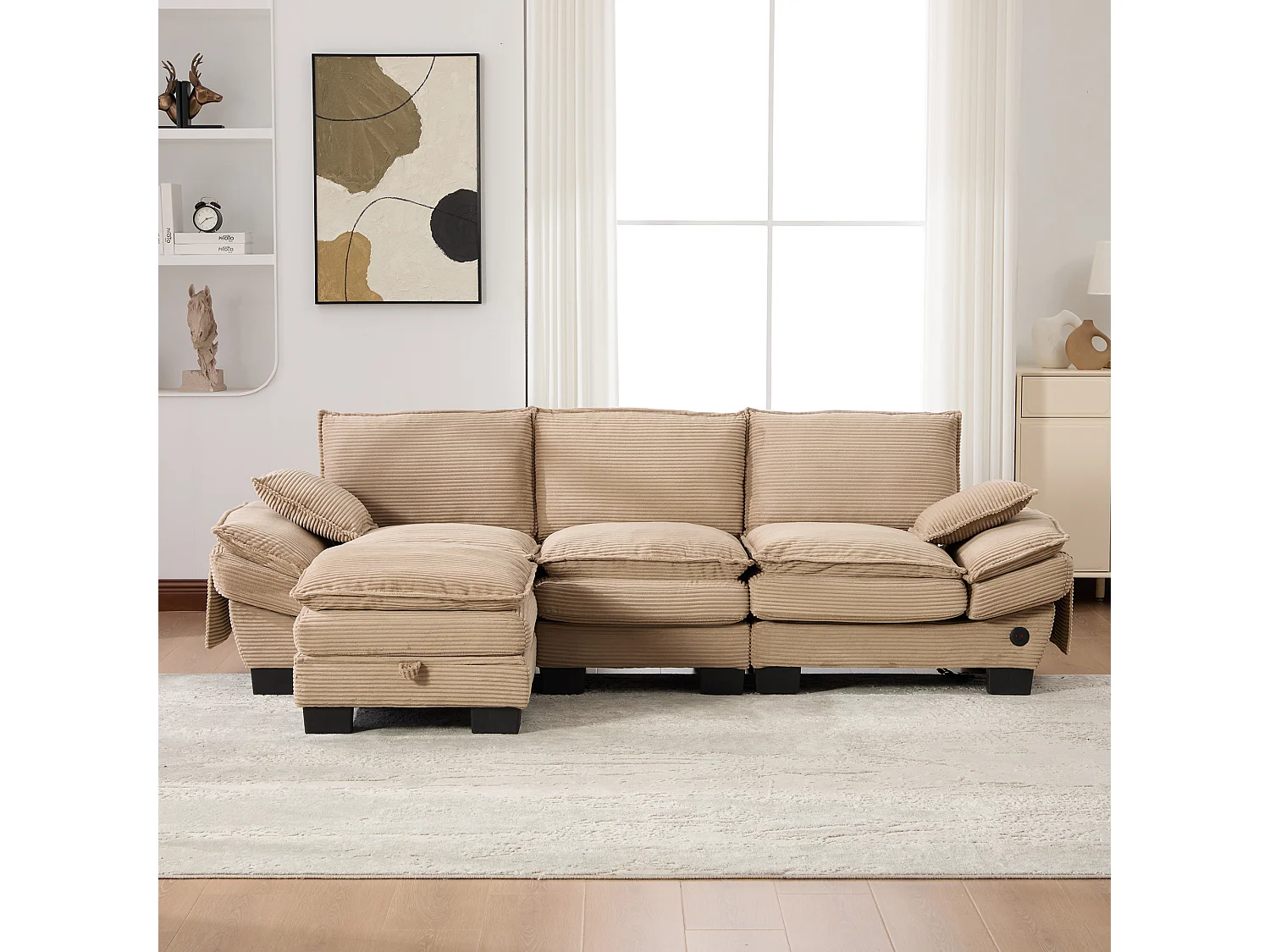 Canapé d'angle 3 places modulable avec pouf, USB-C et poches latérales - Velours côtelé kaki