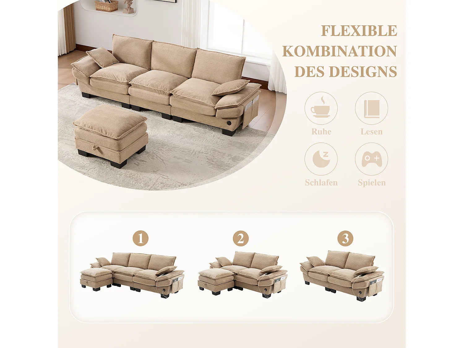 Canapé d'angle 3 places modulable avec pouf, USB-C et poches latérales - Velours côtelé kaki