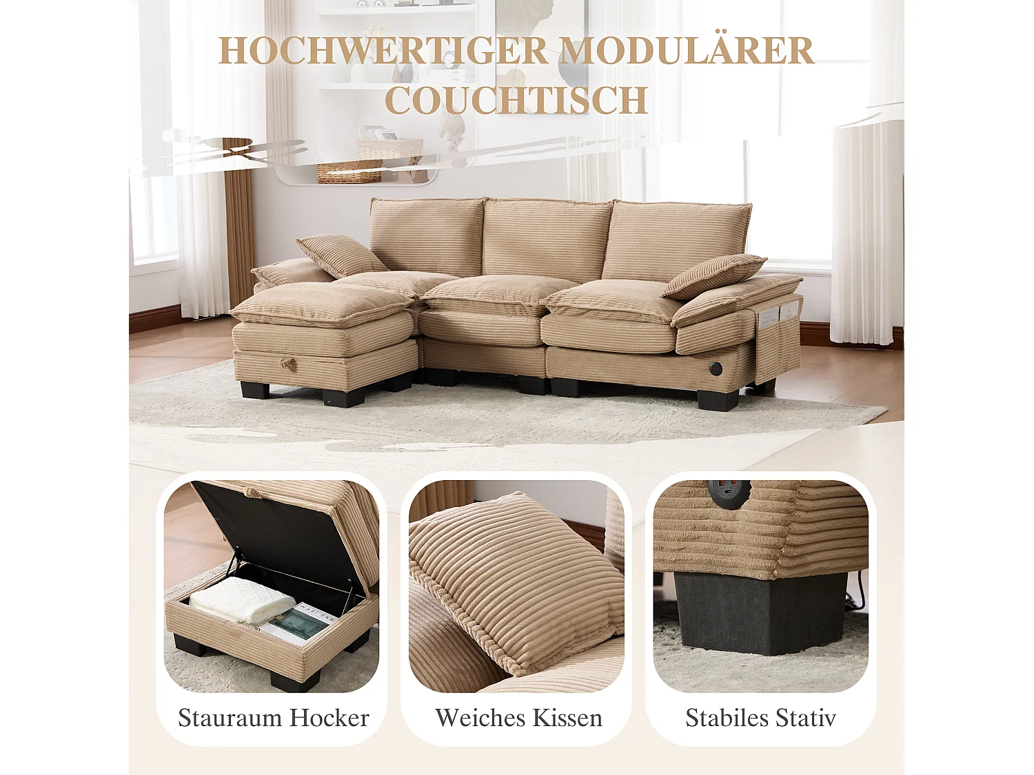 Canapé d'angle 3 places modulable avec pouf, USB-C et poches latérales - Velours côtelé kaki