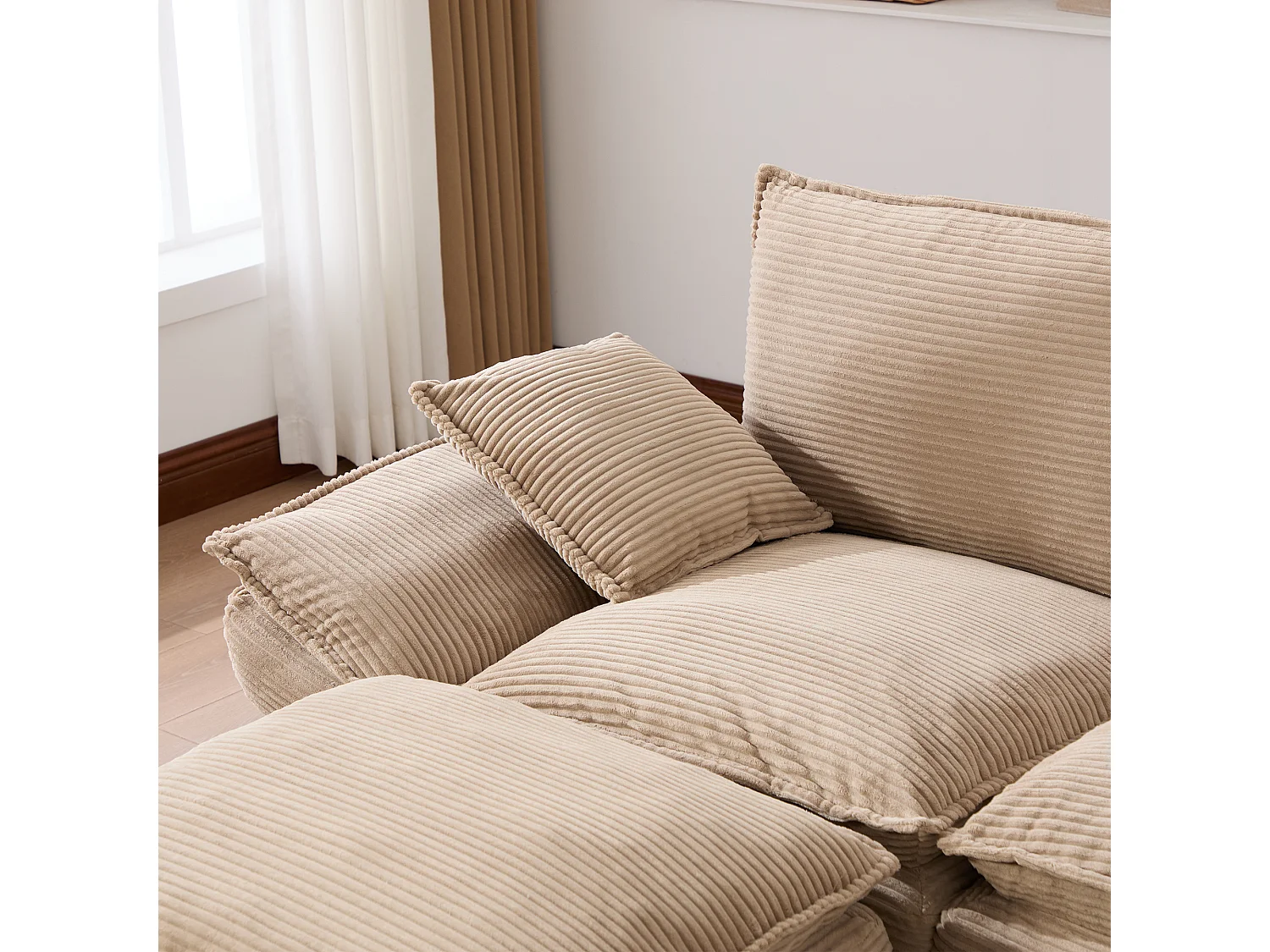 Canapé d'angle 3 places modulable avec pouf, USB-C et poches latérales - Velours côtelé kaki