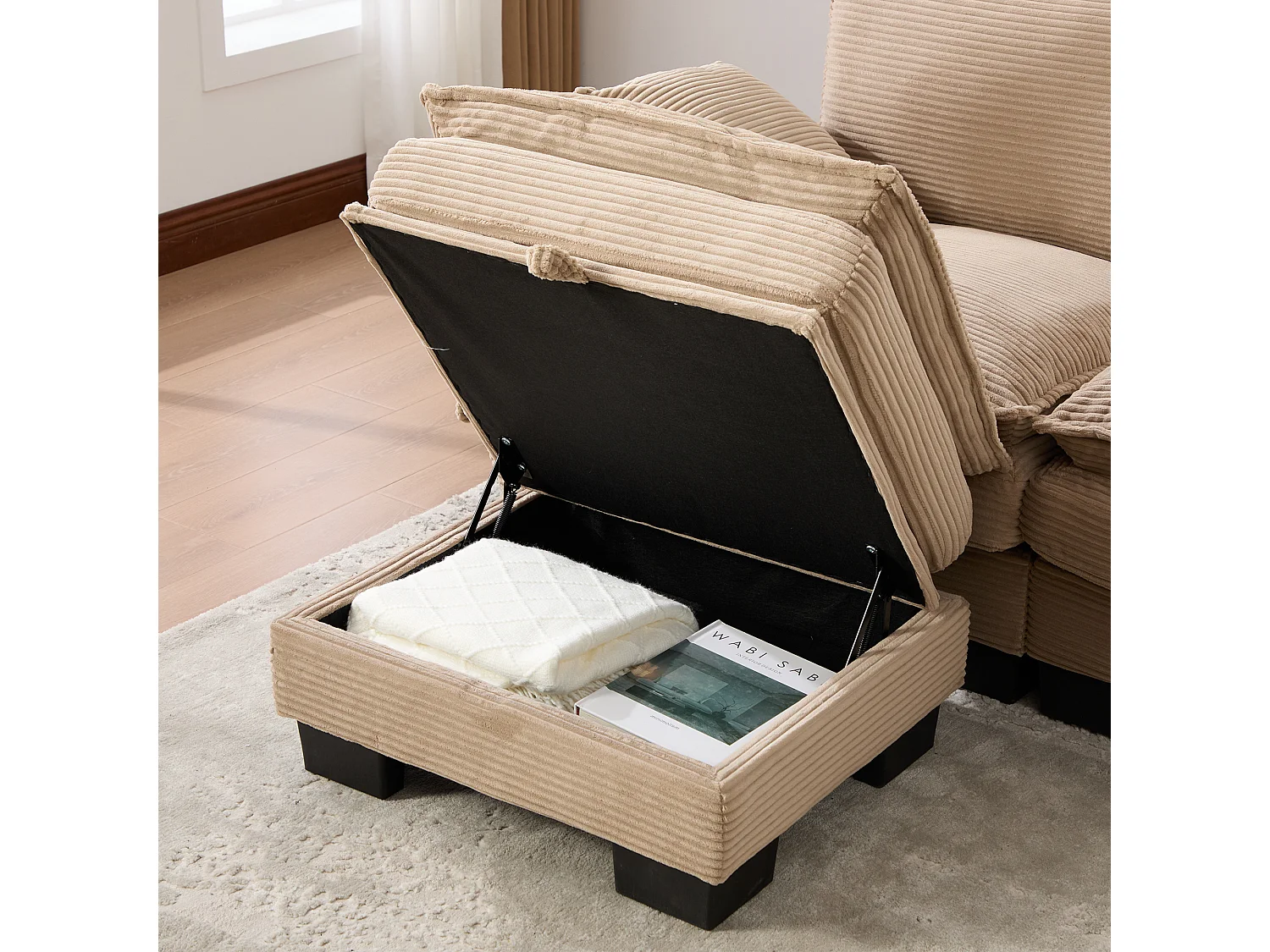 Canapé d'angle 3 places modulable avec pouf, USB-C et poches latérales - Velours côtelé kaki