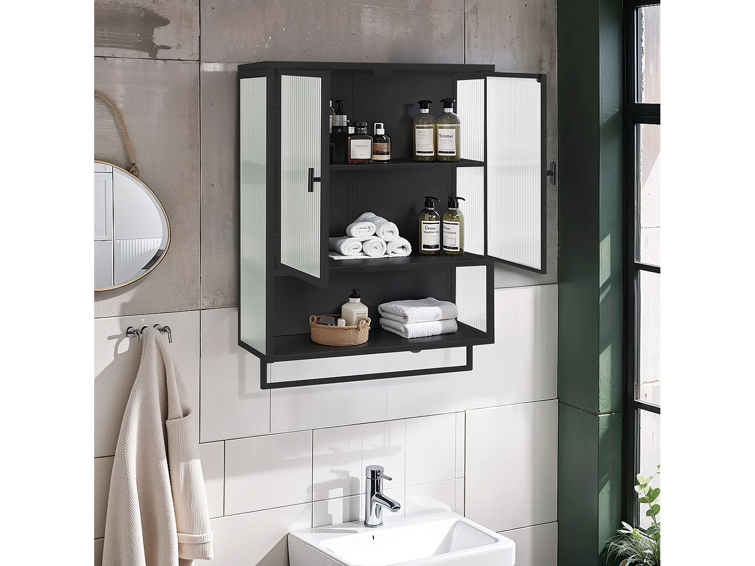 Armoire murale avec 2 portes vitrées et étagère , porte‑serviette - Noir