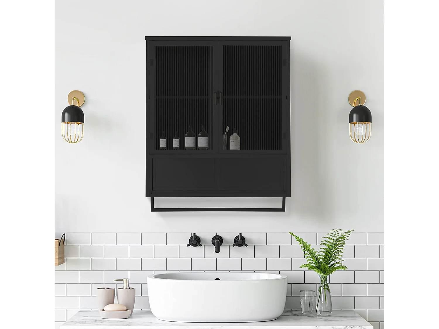 Armoire murale avec 2 portes vitrées et étagère , porte‑serviette - Noir