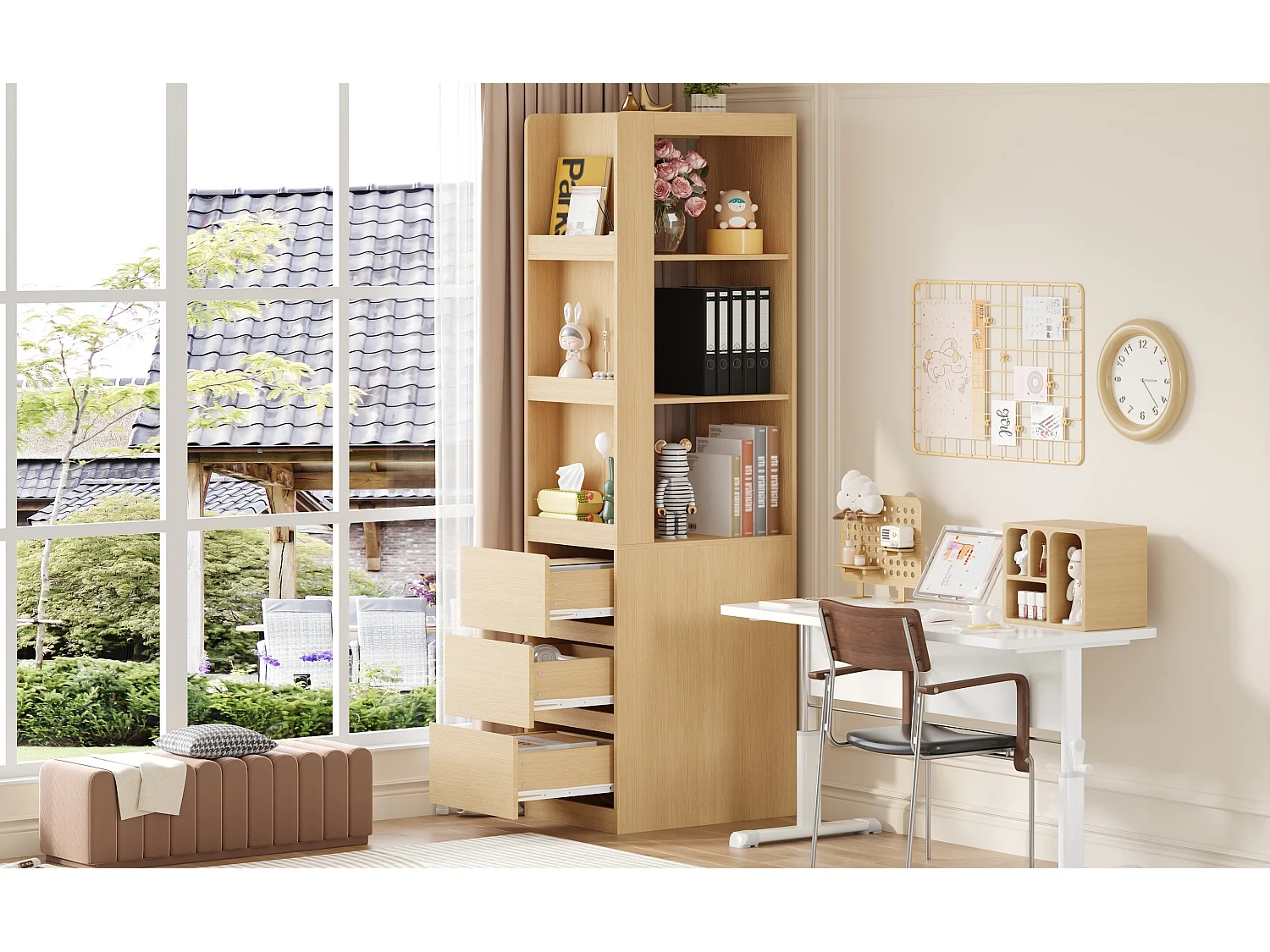 Bibliothèque avec 3 compartiments ouverts et 3 tiroirs, couleur bois 60 × 40 × 200 cm