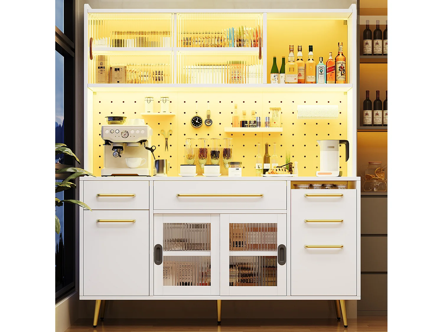 Buffet de cuisine avec LED, 3 tiroirs et portes verres coulissantes - Blanc 145 x 39 x171 cm