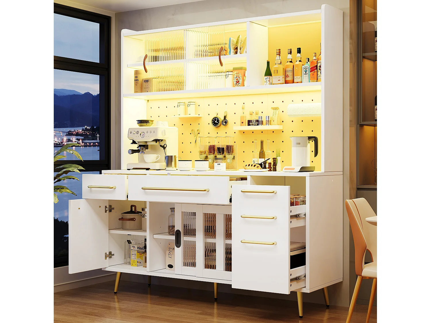Buffet de cuisine avec LED, 3 tiroirs et portes verres coulissantes - Blanc 145 x 39 x171 cm