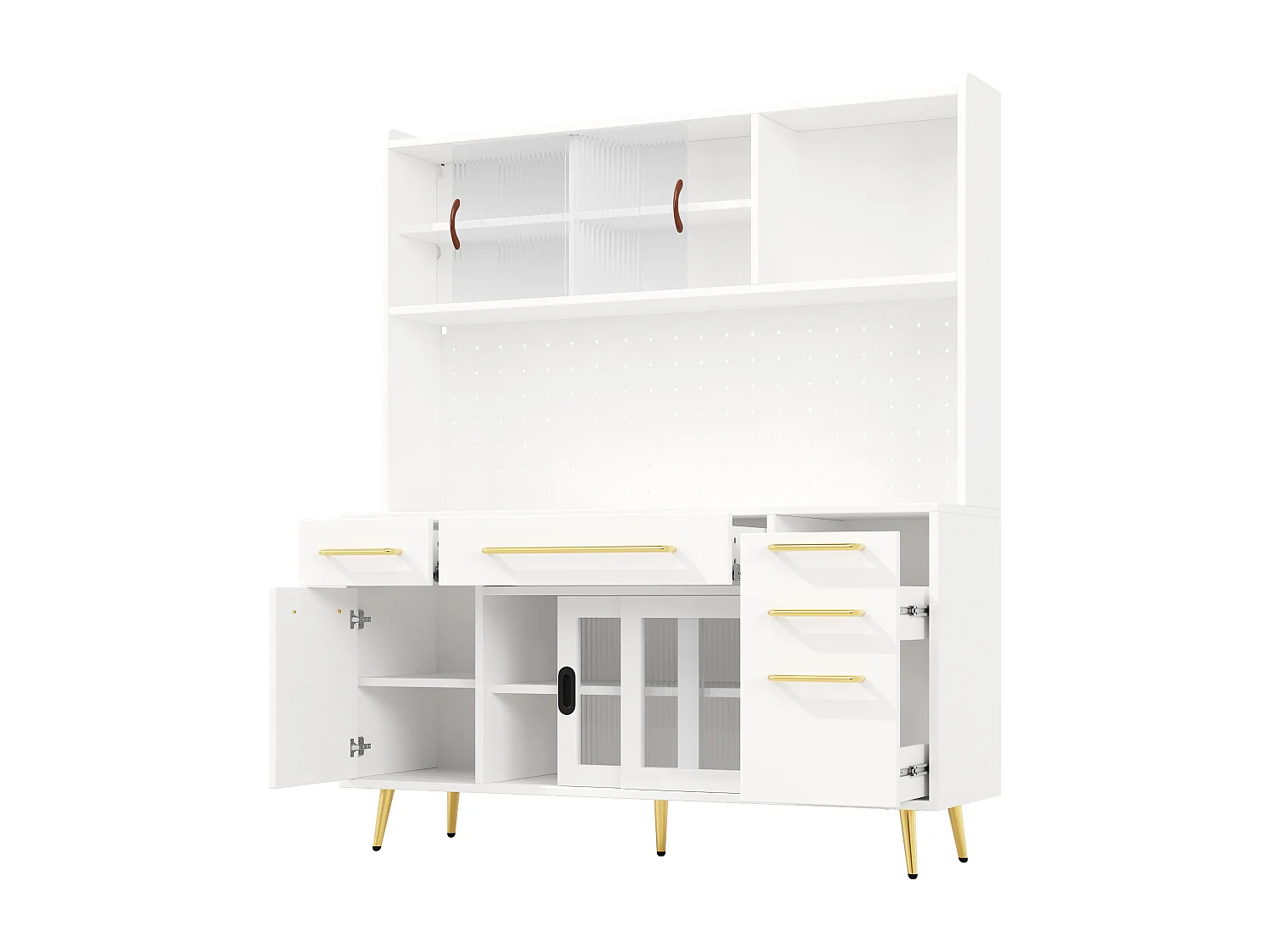 Buffet de cuisine avec LED, 3 tiroirs et portes verres coulissantes - Blanc 145 x 39 x171 cm