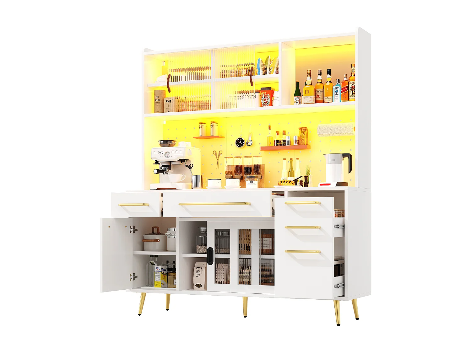 Buffet de cuisine avec LED, 3 tiroirs et portes verres coulissantes - Blanc 145 x 39 x171 cm