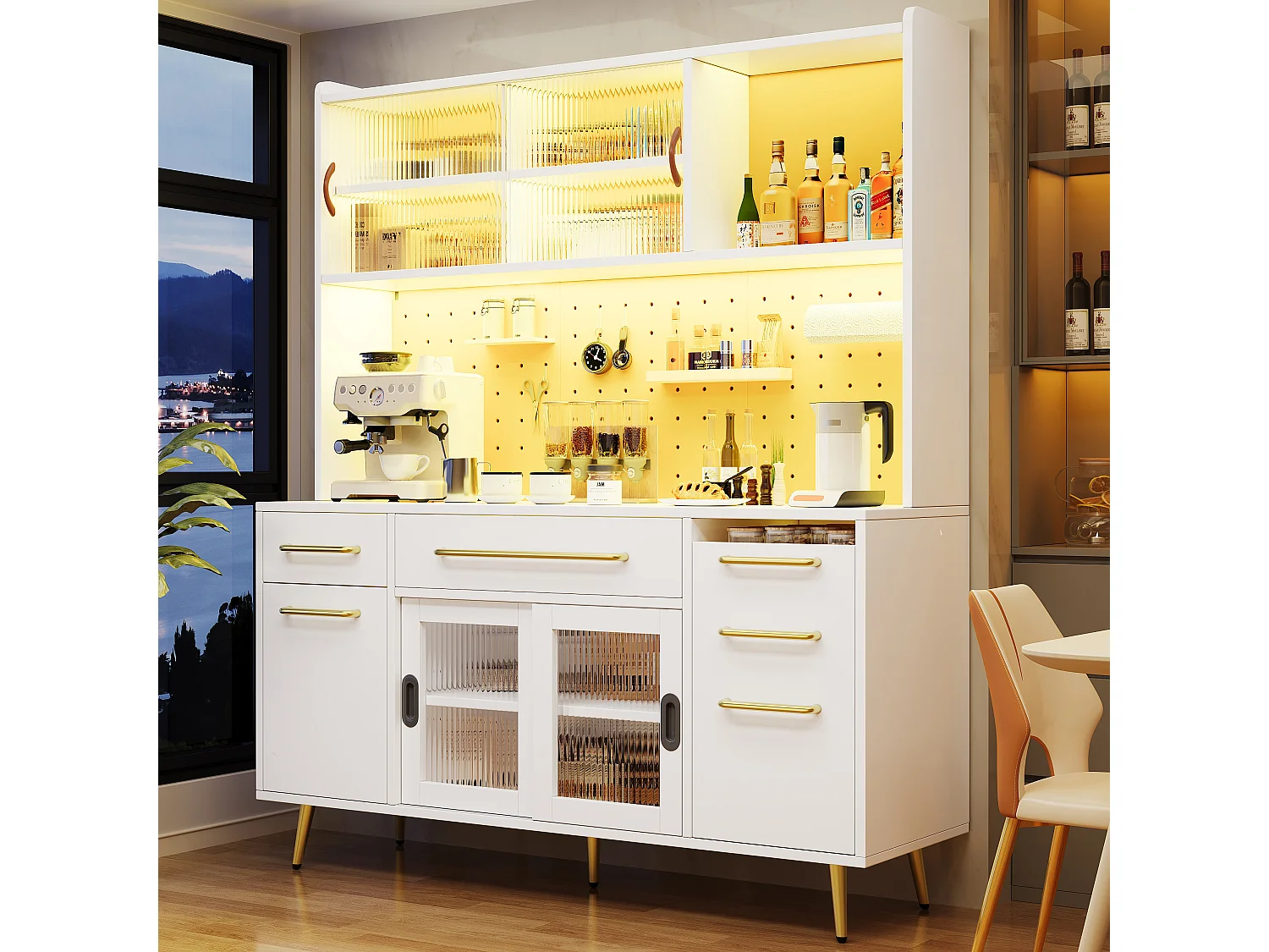 Buffet de cuisine avec LED, 3 tiroirs et portes verres coulissantes - Blanc 145 x 39 x171 cm