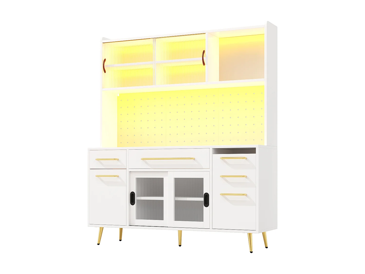 Buffet de cuisine avec LED, 3 tiroirs et portes verres coulissantes - Blanc 145 x 39 x171 cm