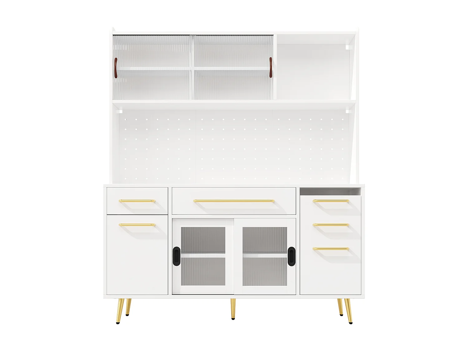 Buffet de cuisine avec LED, 3 tiroirs et portes verres coulissantes - Blanc 145 x 39 x171 cm