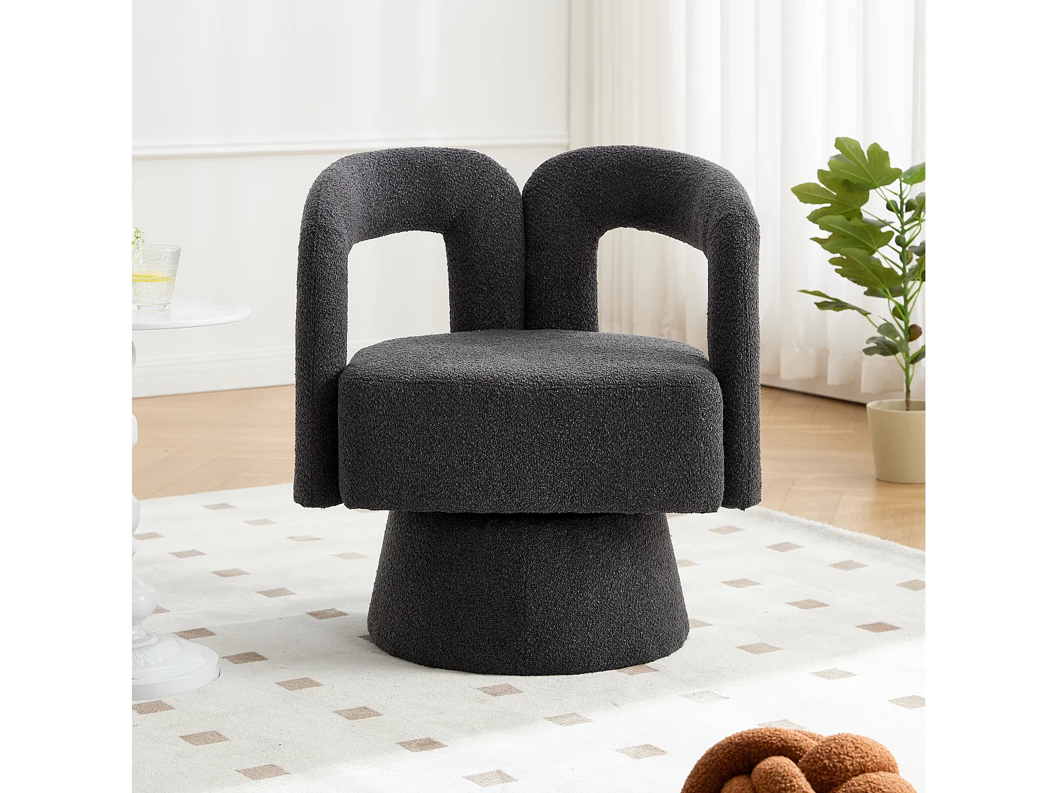 Tonvormige draaibare fauteuil met lusvormige stoffen bekleding - Voor woonkamer, slaapkamer, kantoor - Donkergrijs