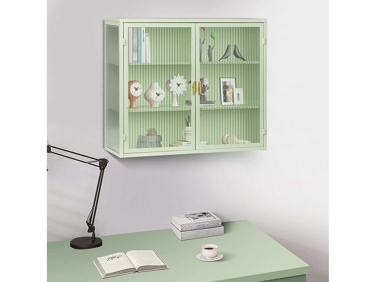 Armoire murale 70 cm avec 2 portes vitrées et 3 niveaux - Vert