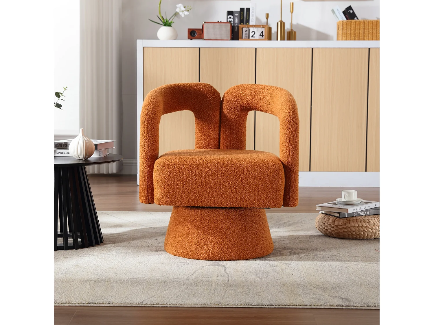 Fauteuil pivotant Tissu bouclé en forme de tonneau - Pour salon, chambre, bureau - Couleur orange