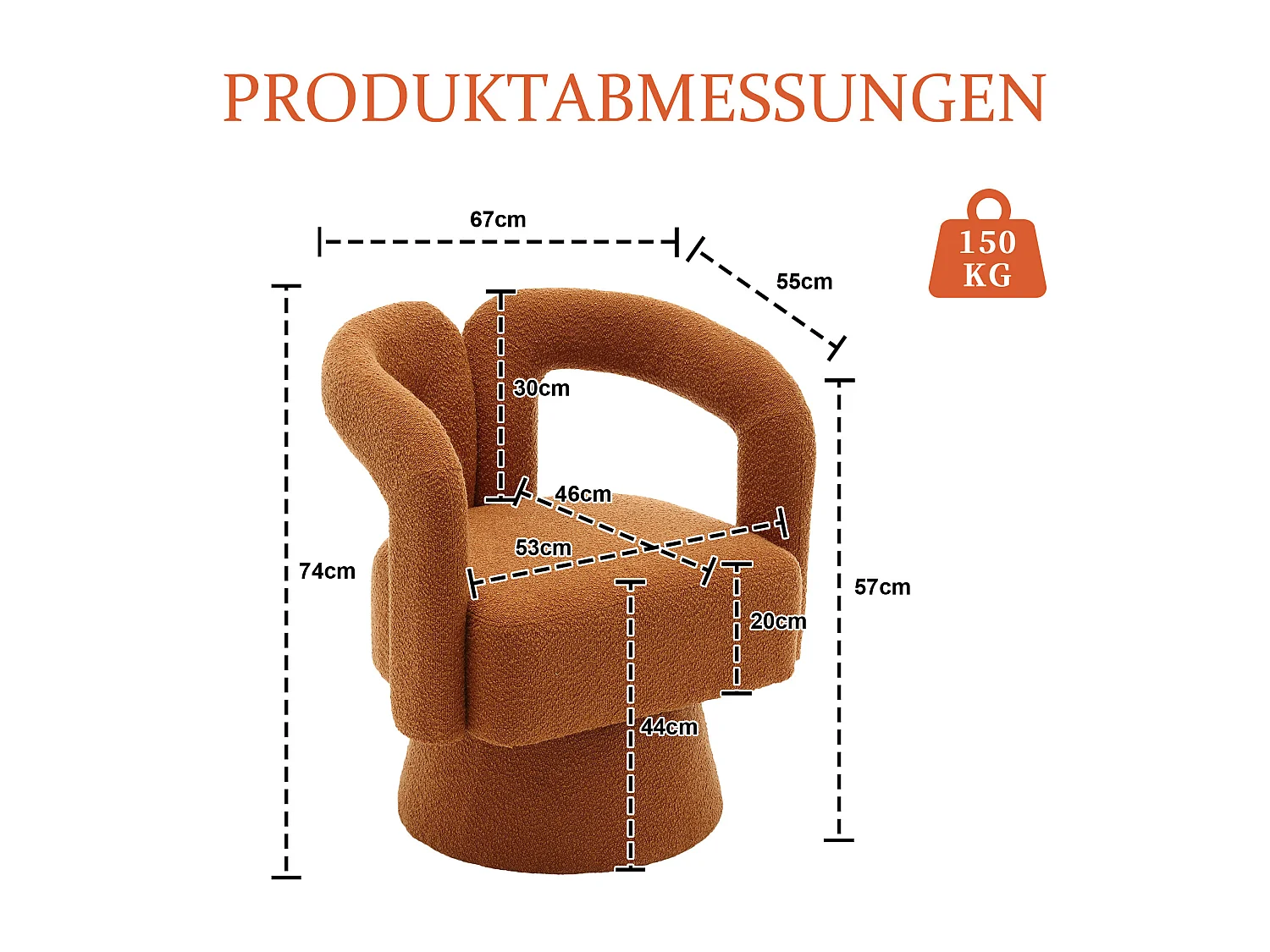 Fauteuil pivotant Tissu bouclé en forme de tonneau - Pour salon, chambre, bureau - Couleur orange