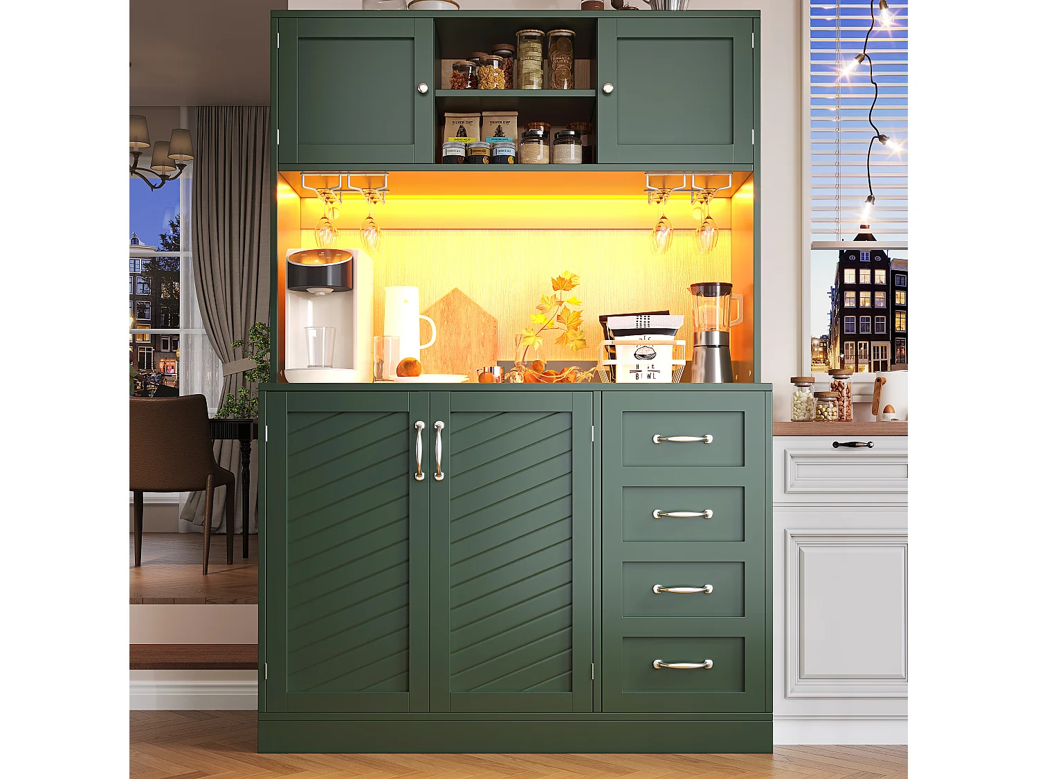 Buffet de cuisine avec LED, 4 portes et 2 tiroirs - Vert 120x40x188 cm