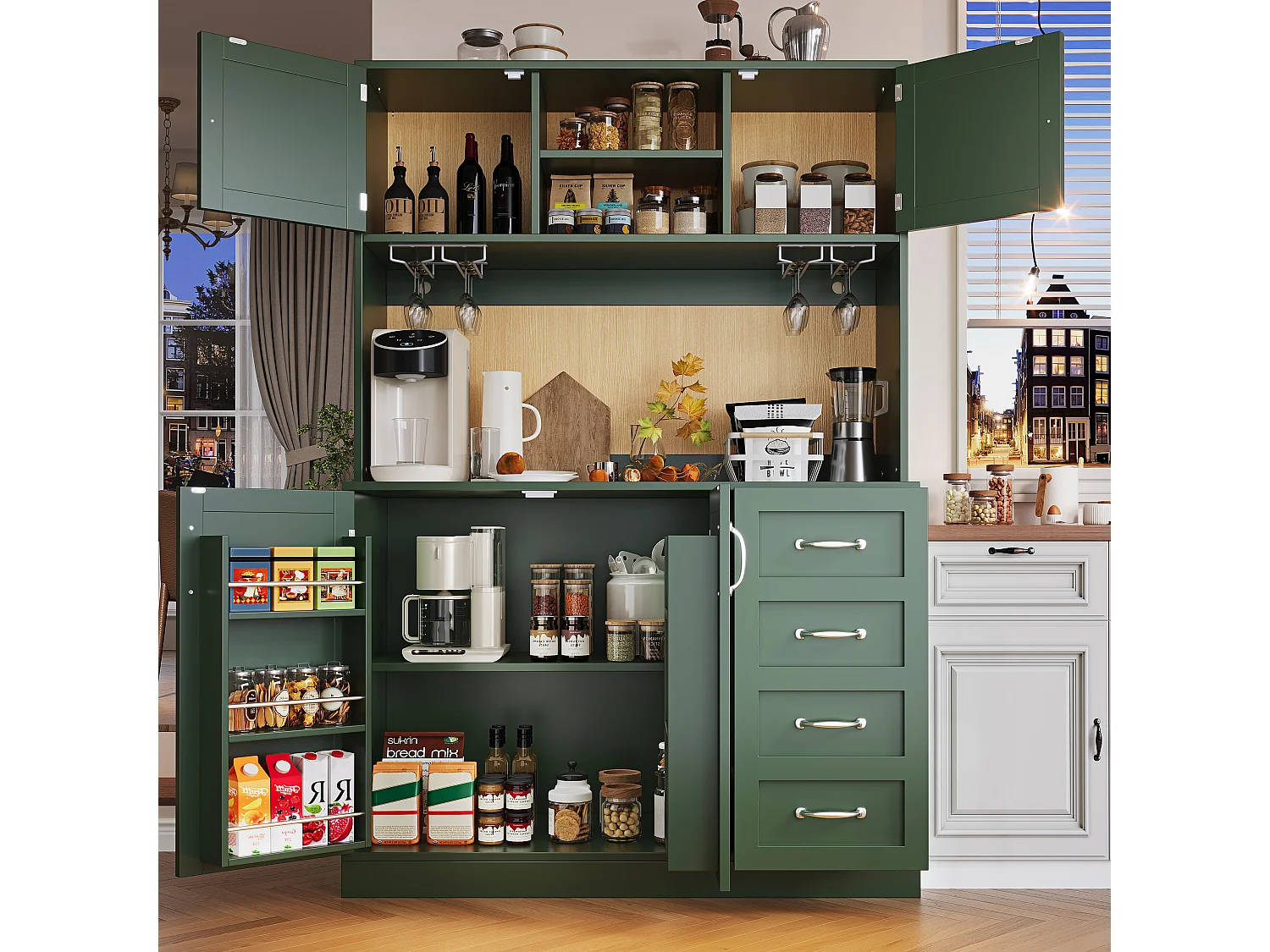 Buffet de cuisine avec LED, 4 portes et 2 tiroirs - Vert 120x40x188 cm