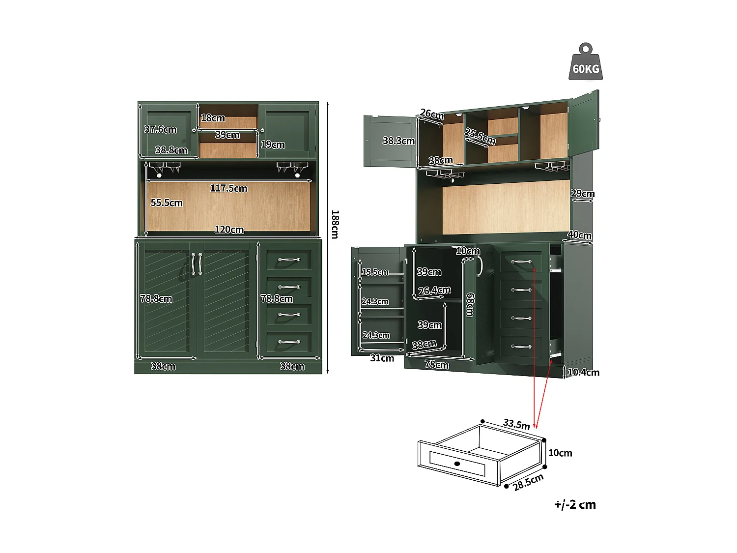 Buffet de cuisine avec LED, 4 portes et 2 tiroirs - Vert 120x40x188 cm