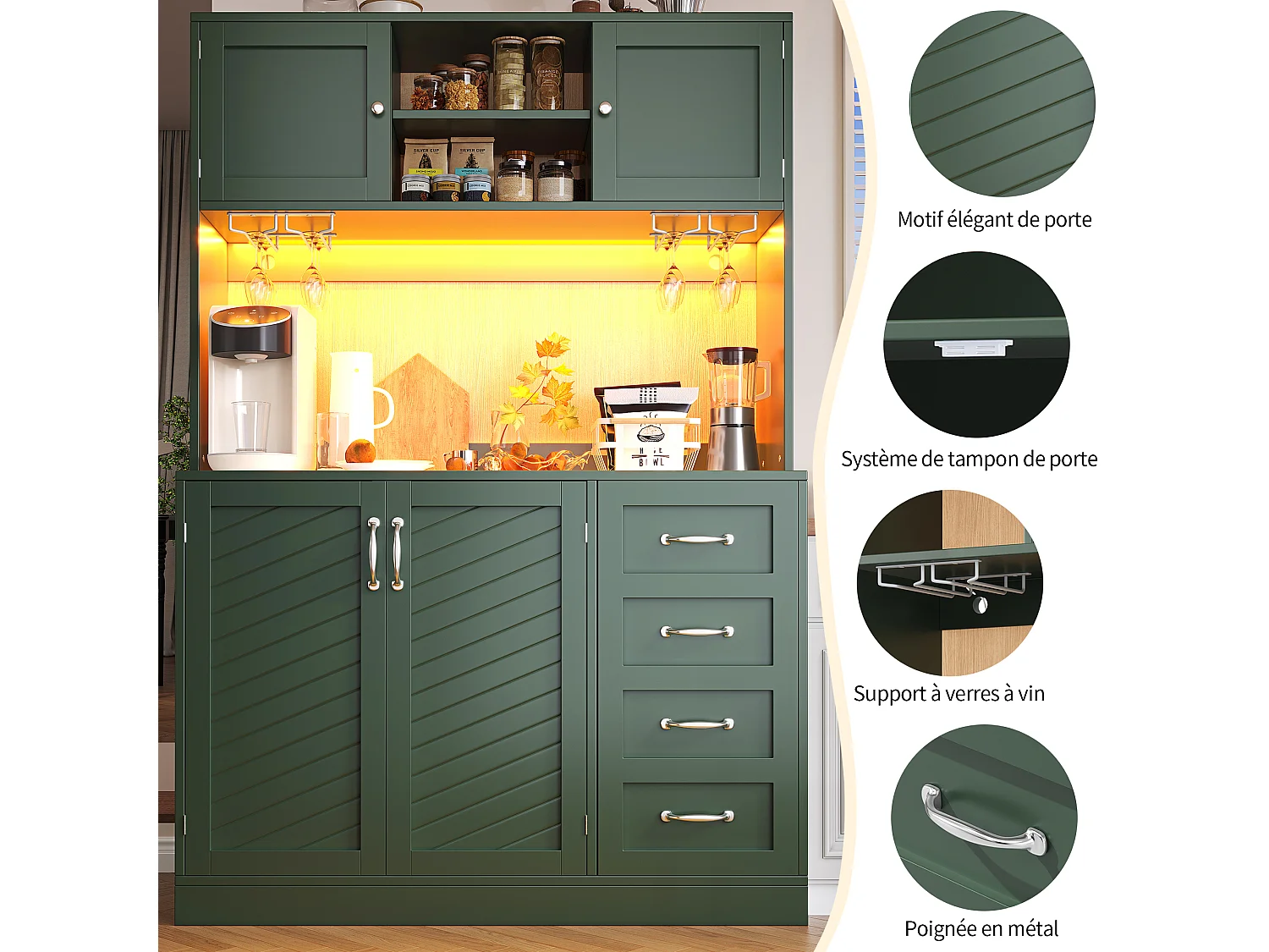 Buffet de cuisine avec LED, 4 portes et 2 tiroirs - Vert 120x40x188 cm