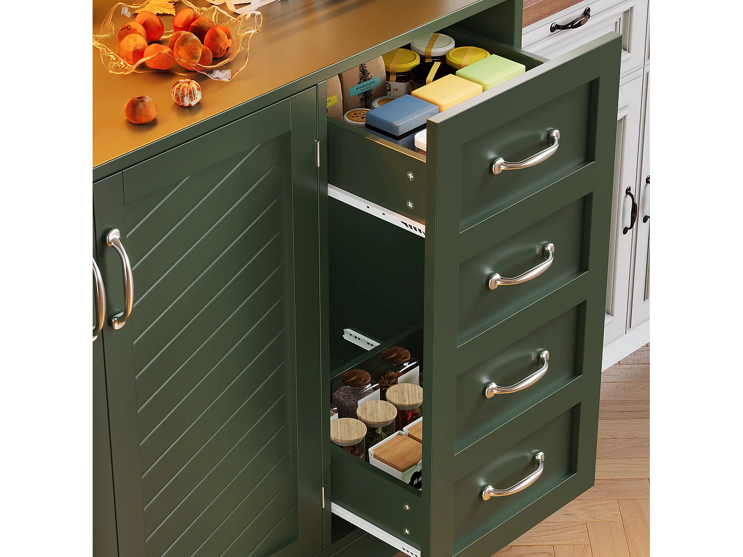 Buffet de cuisine avec LED, 4 portes et 2 tiroirs - Vert 120x40x188 cm