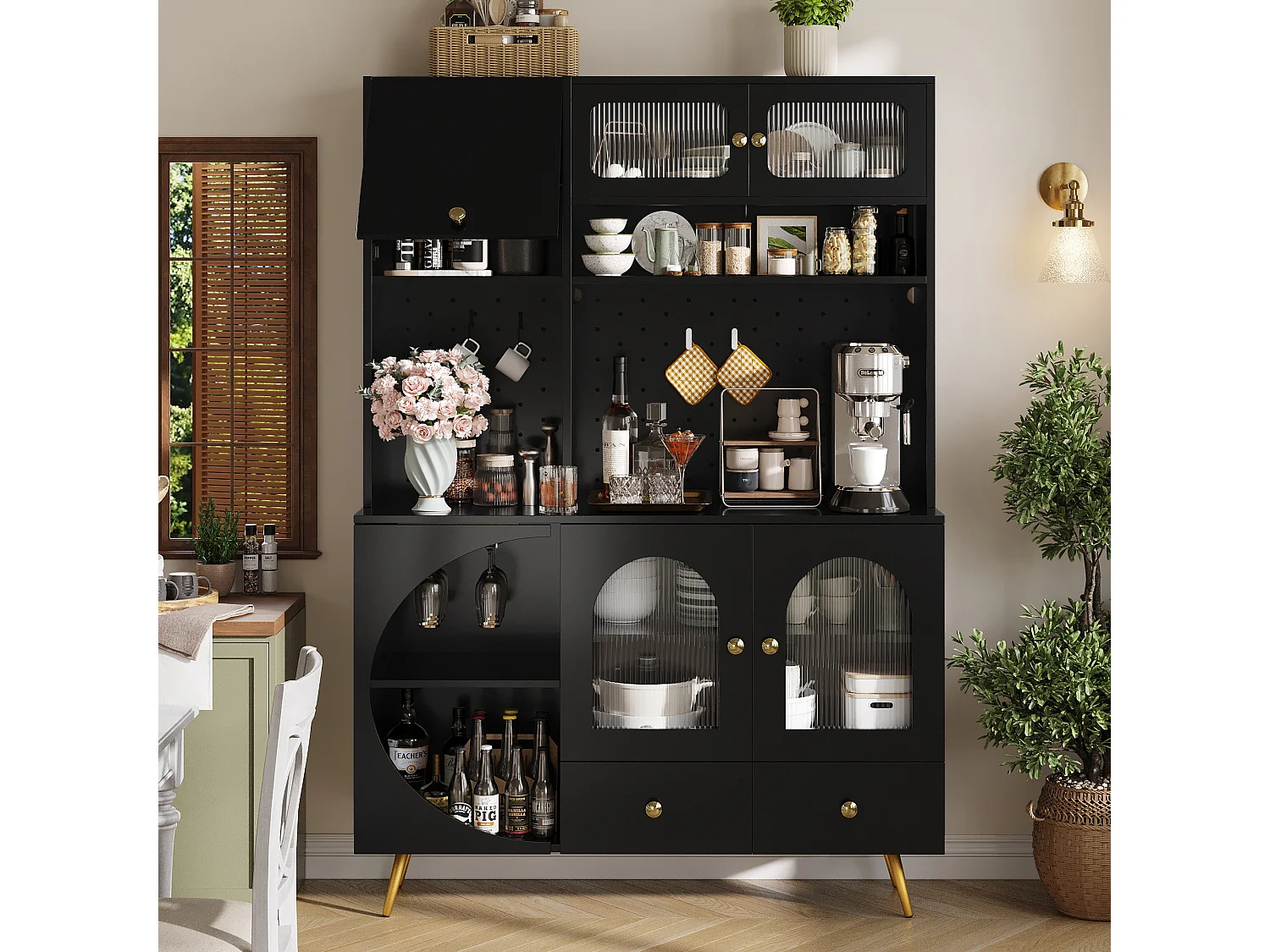 Buffet de cuisine avec LED, prises USB et panneau perforé, 2 tiroirs - Noir 120x40x176 cm