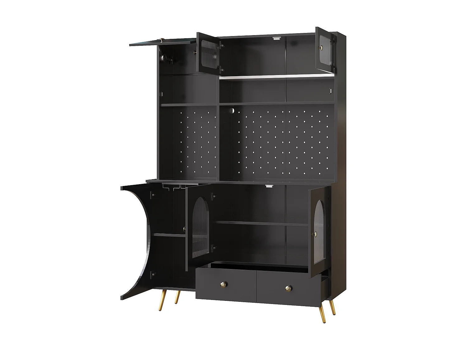 Buffet de cuisine avec LED, prises USB et panneau perforé, 2 tiroirs - Noir 120x40x176 cm