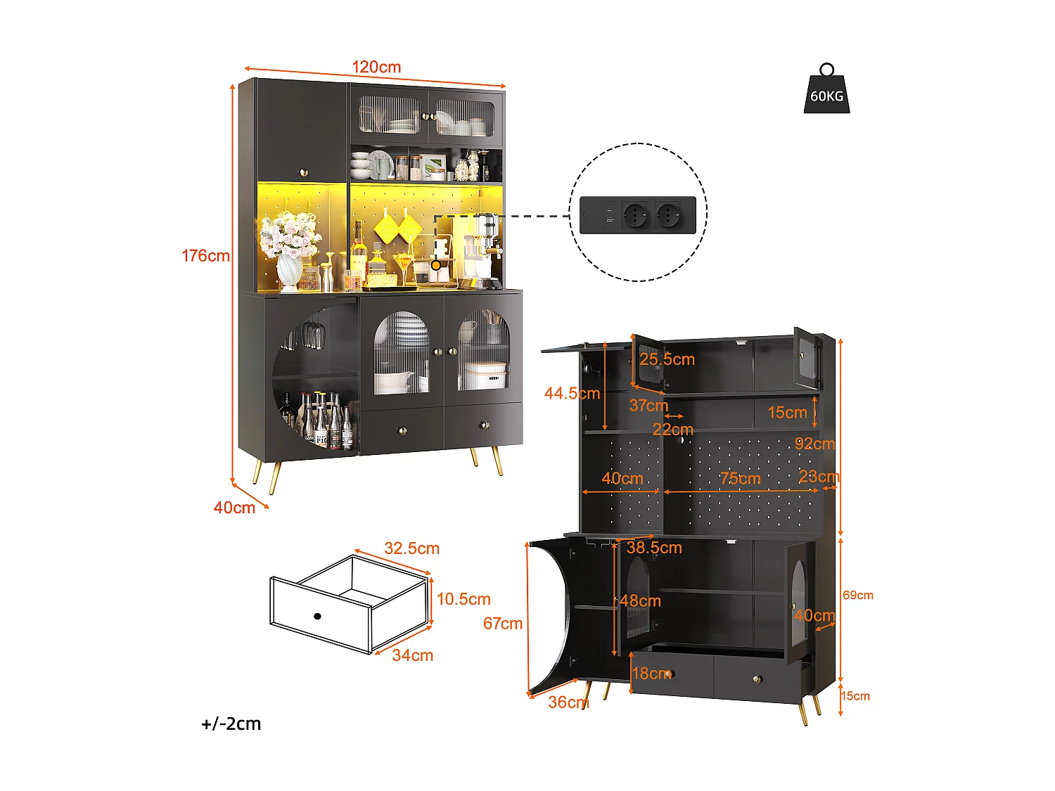 Buffet de cuisine avec LED, prises USB et panneau perforé, 2 tiroirs - Noir 120x40x176 cm