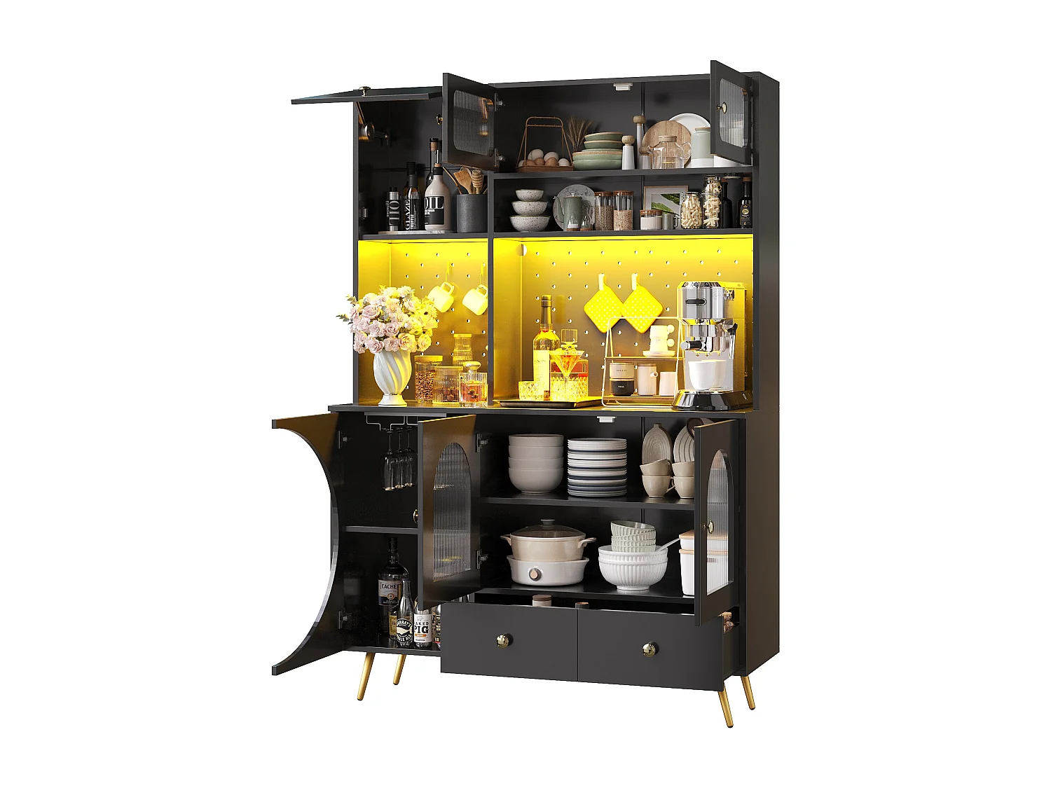 Buffet de cuisine avec LED, prises USB et panneau perforé, 2 tiroirs - Noir 120x40x176 cm