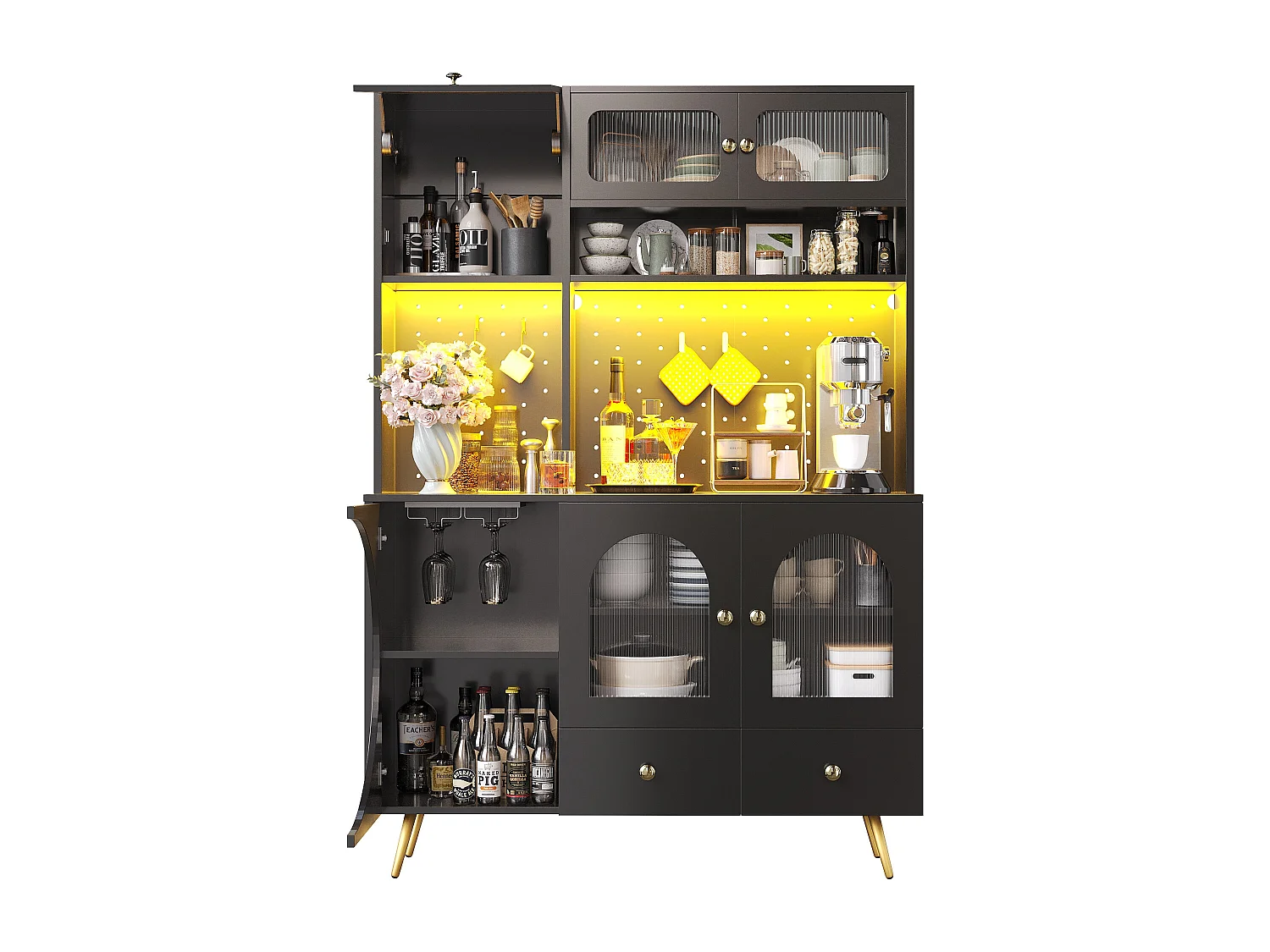 Buffet de cuisine avec LED, prises USB et panneau perforé, 2 tiroirs - Noir 120x40x176 cm