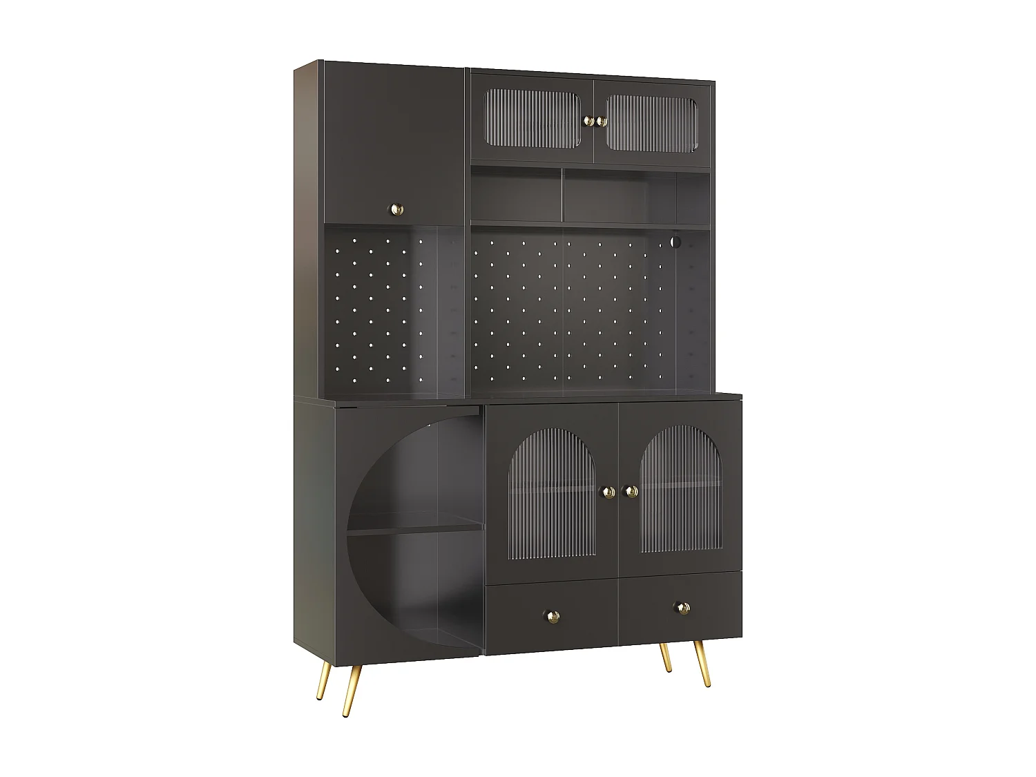 Buffet de cuisine avec LED, prises USB et panneau perforé, 2 tiroirs - Noir 120x40x176 cm