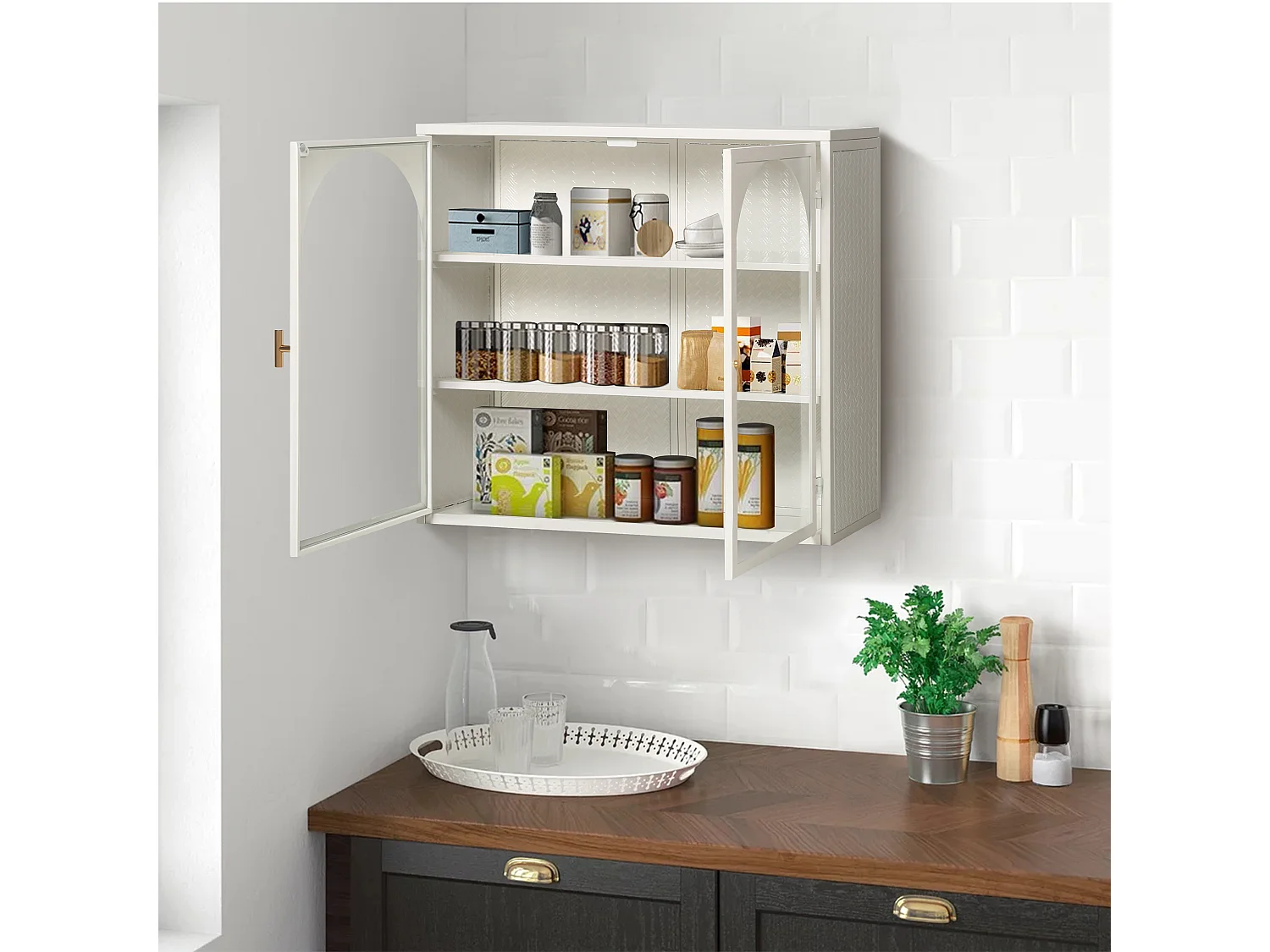 Armoire murale avec 2 portes vitrées - Motif tissé , blanc