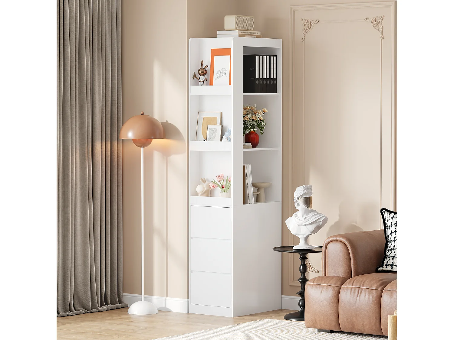 Boekenkast met 3 open vakken en 3 lades, wit, 60 × 40 × 200 cm