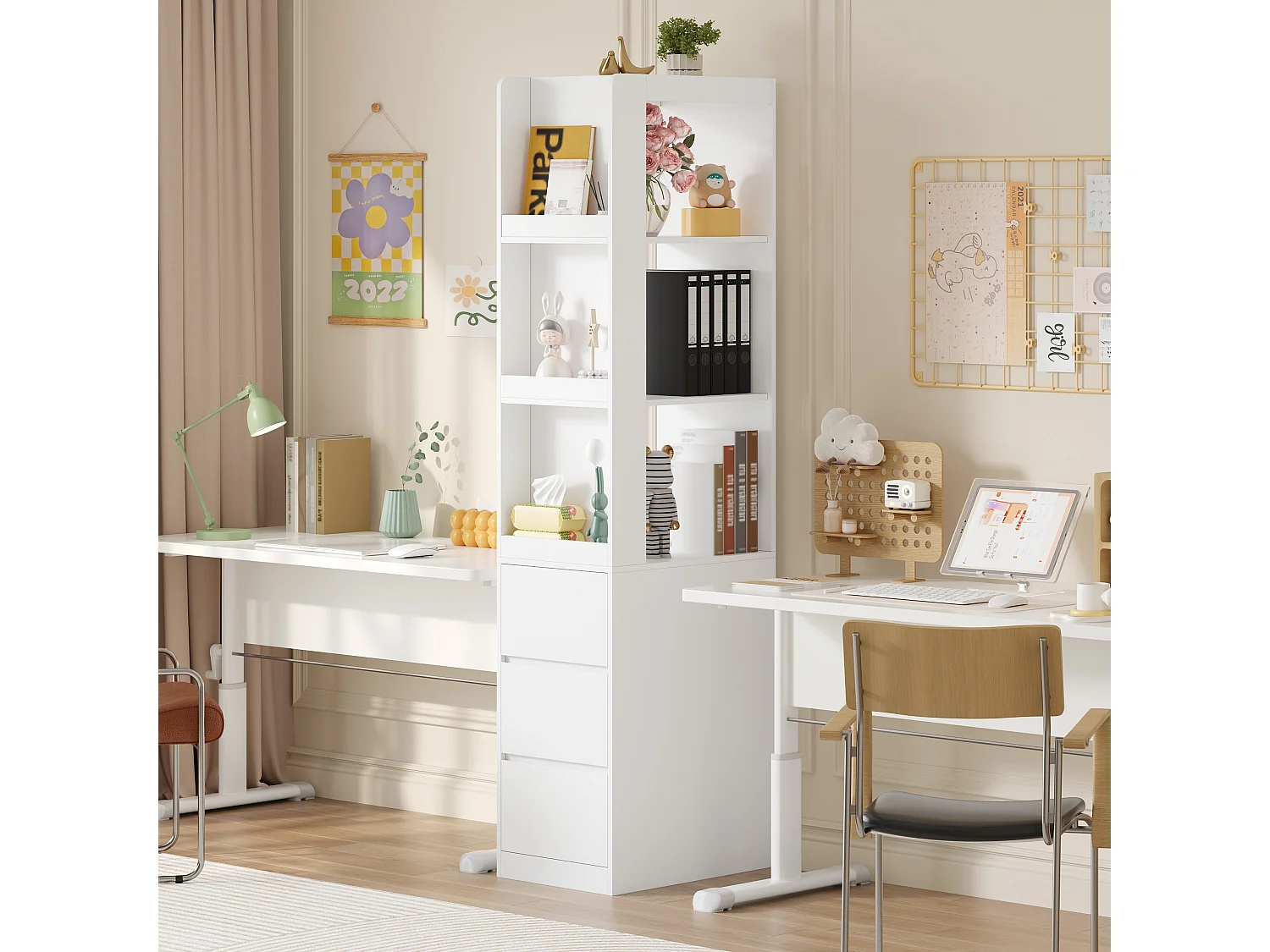 Boekenkast met 3 open vakken en 3 lades, wit, 60 × 40 × 200 cm