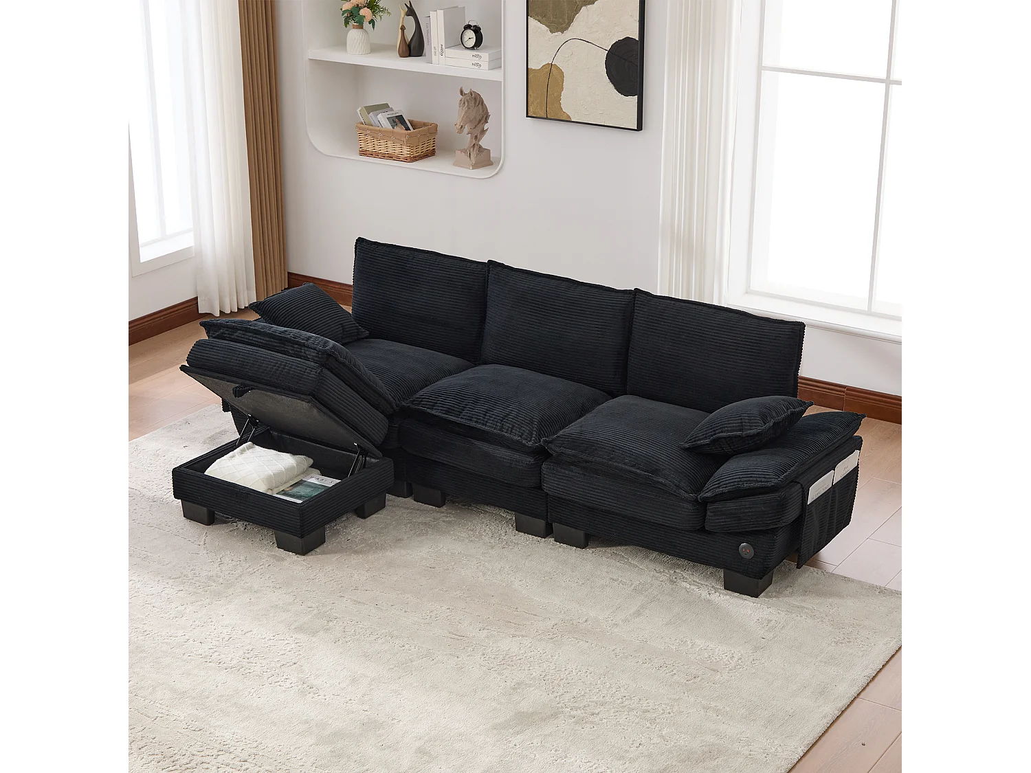 Canapé d'angle 3 places modulable avec pouf, USB-C et poches latérales - Velours côtelé noir