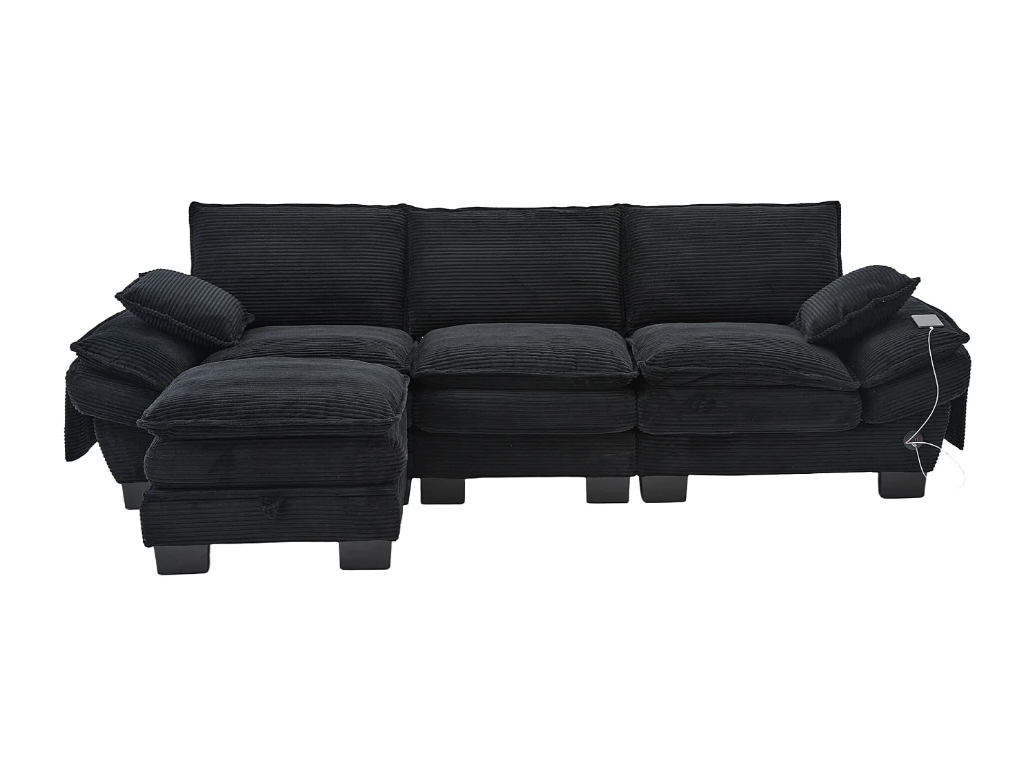 Canapé d'angle 3 places modulable avec pouf, USB-C et poches latérales - Velours côtelé noir